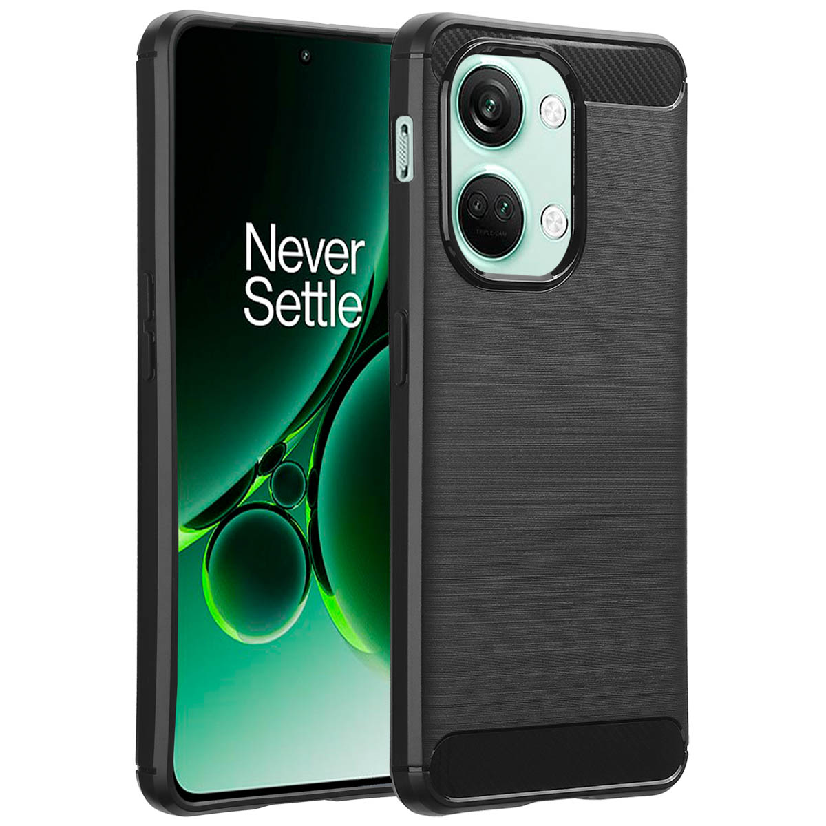 Een zwarte telefoonhoes met een getextureerde achterkant en de woorden 'Never Settle' op een scherm. Er zit een dubbele camera op de achterkant.