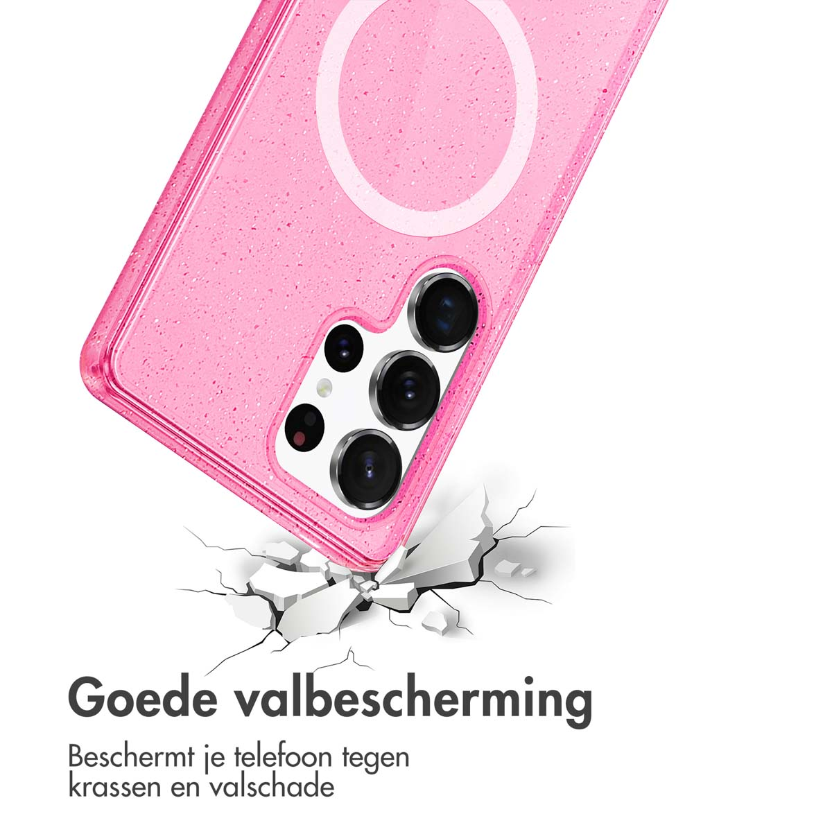 Roze telefoonhoesje dat een oppervlak breekt. Witte achtergrond met tekst over bescherming.