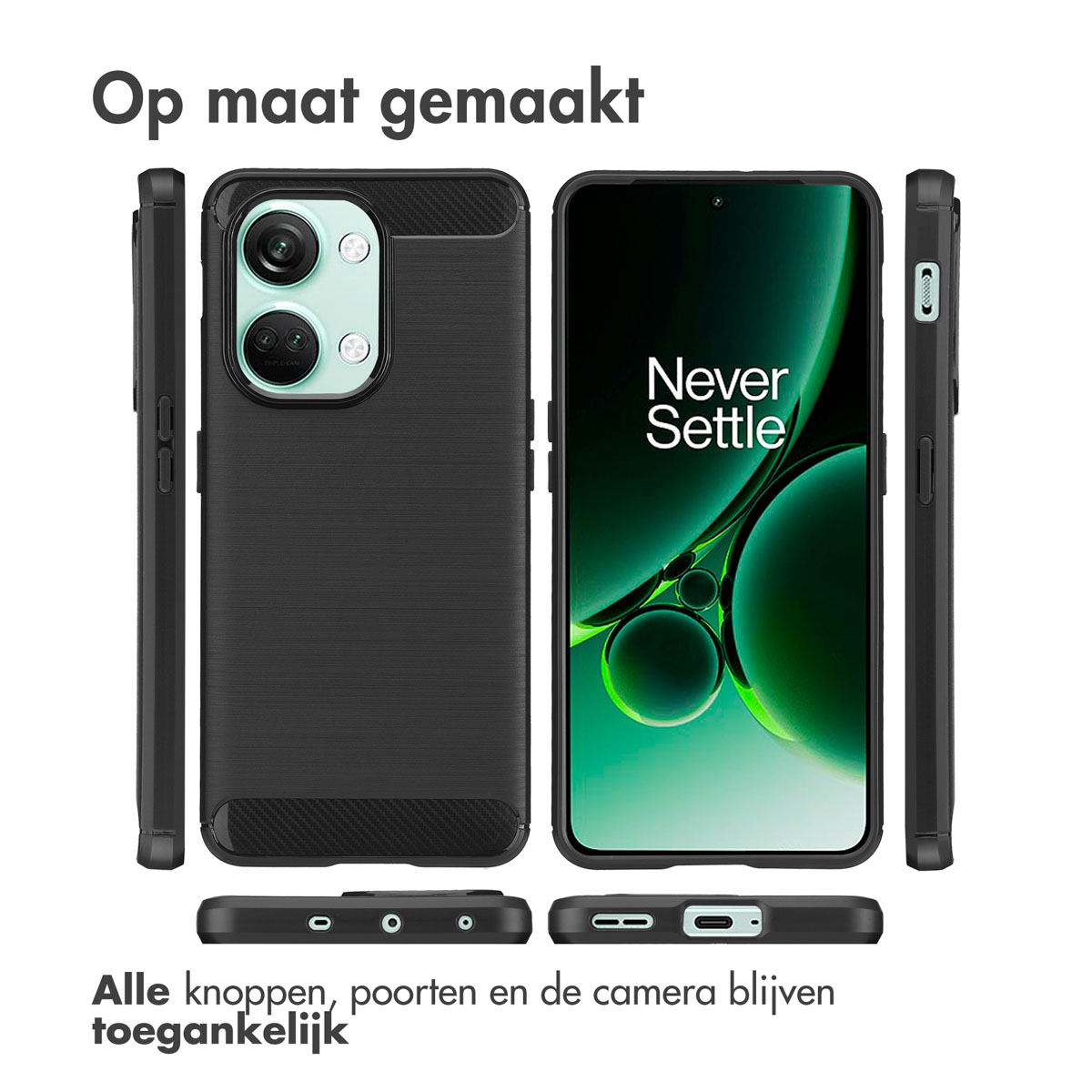 Zwarte telefoonhoes met een telefoon op een witte achtergrond. De telefoon is zwart met een groene camera.