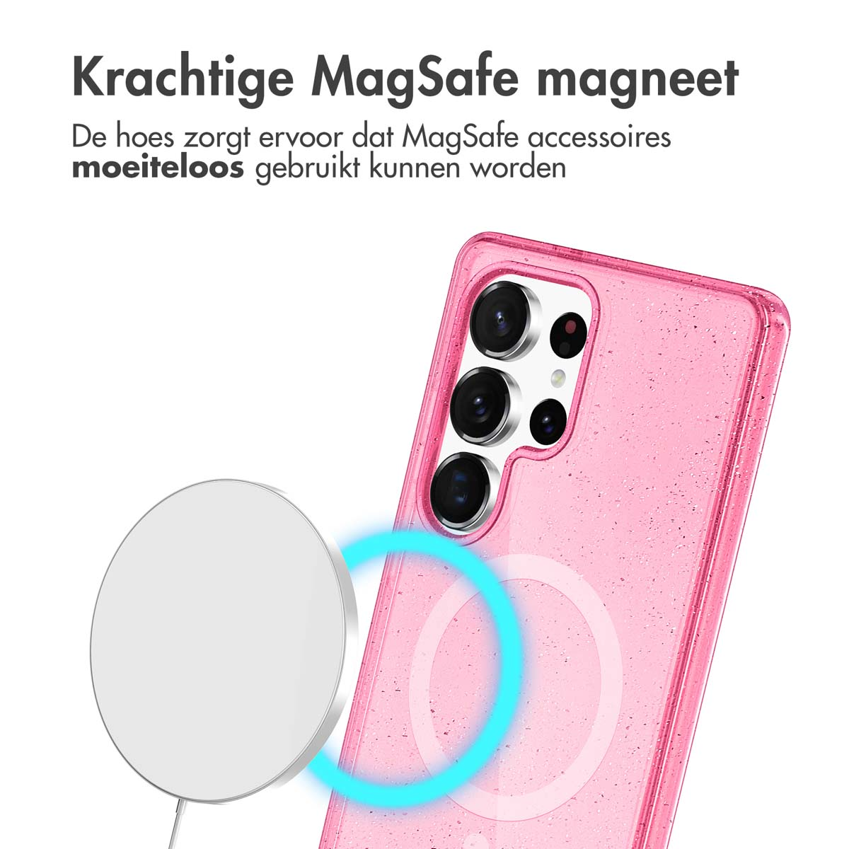 Een roze telefoonhoesje met een cirkel. Op de achtergrond staat een telefoon. Links ligt een witte kabel.