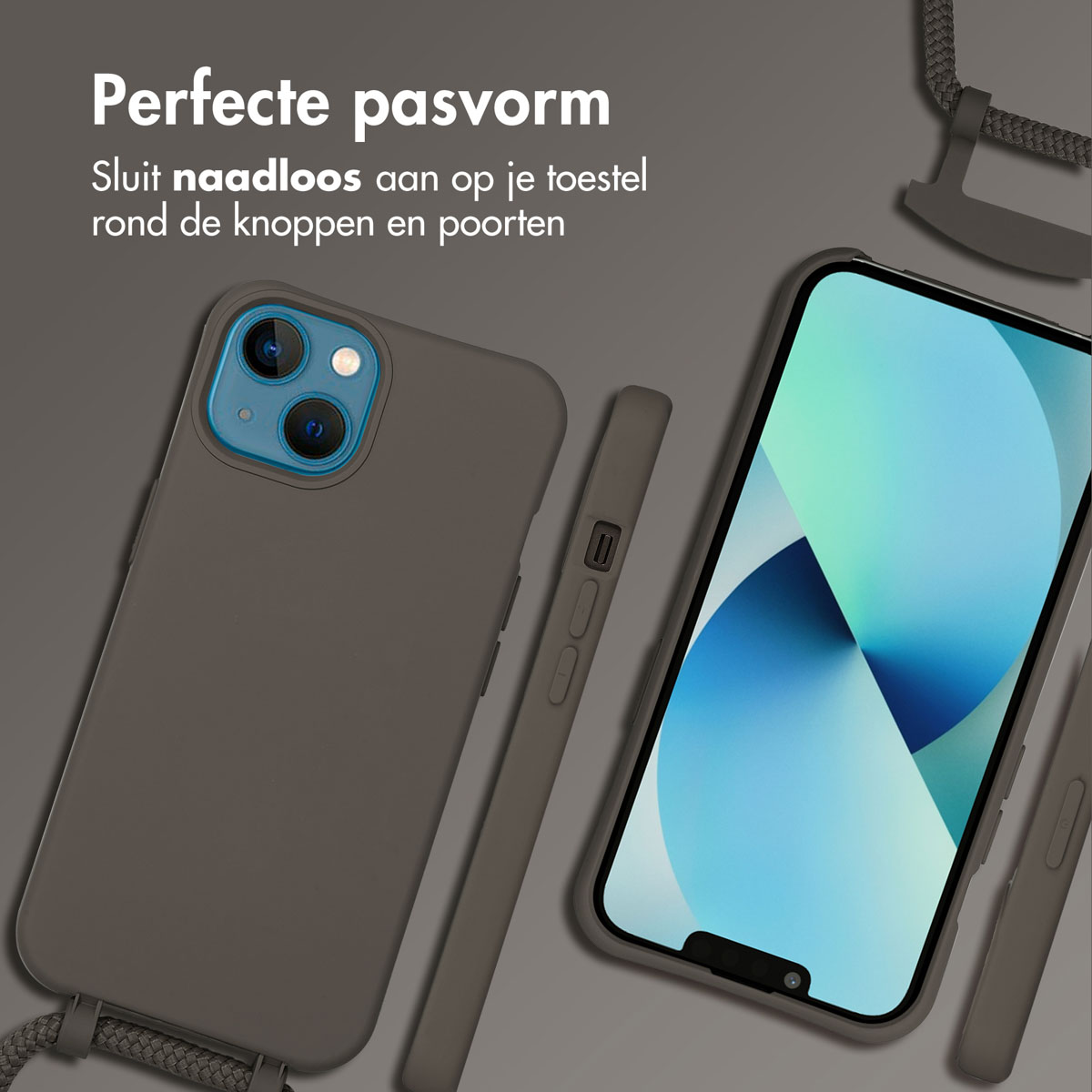 Telefoonhoesje met telefoon erin. Grijze kleur. Tekst zegt, Perfecte pasvorm.