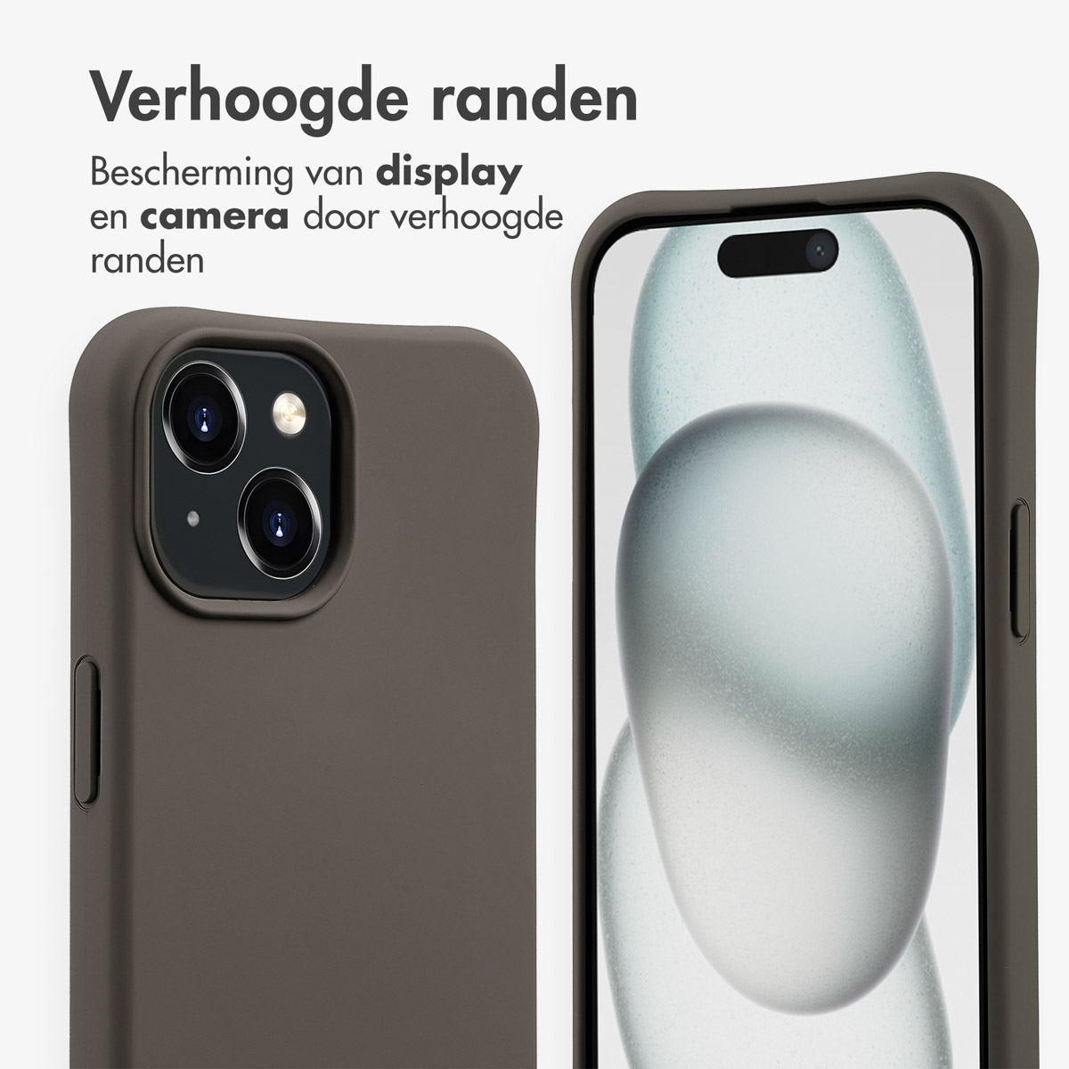 Zwei Handyhüllen, eine braune und eine graue, mit Telefonen darin. Die Hüllen haben erhöhte Kanten, um das Display zu schützen.