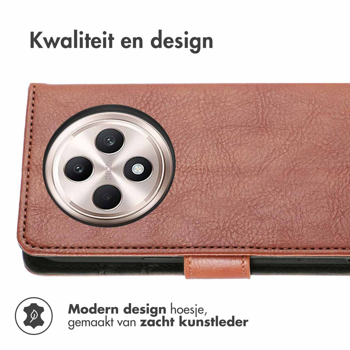 Bruine lederen telefoonhoes met een cirkelvormige uitsparing voor de camera. Tekst: Modern design, gemaakt van zacht leer.