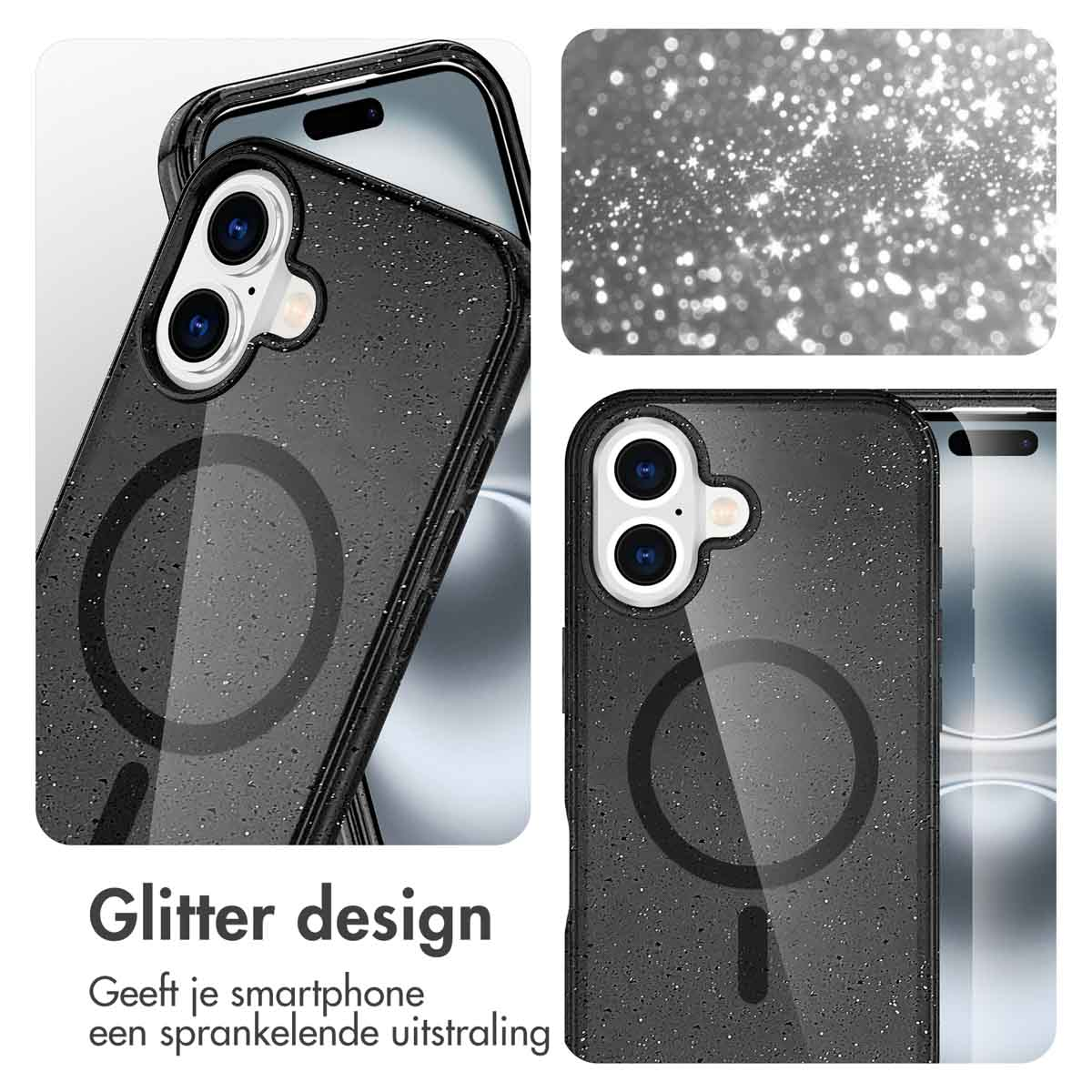 Twee telefoons in zwarte glitter telefoonhoesjes. De hoesjes hebben een heldere ring.