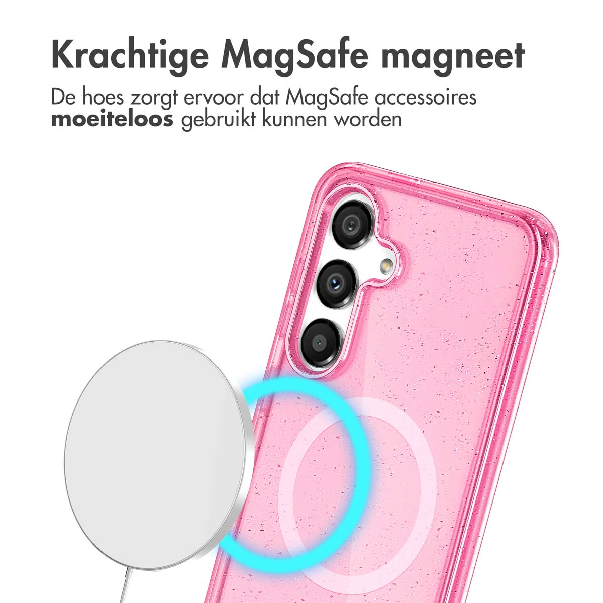 Roze telefoonhoesje met een witte MagSafe-oplader. Tekst zegt: 'Krachtige MagSafe-magneet'.