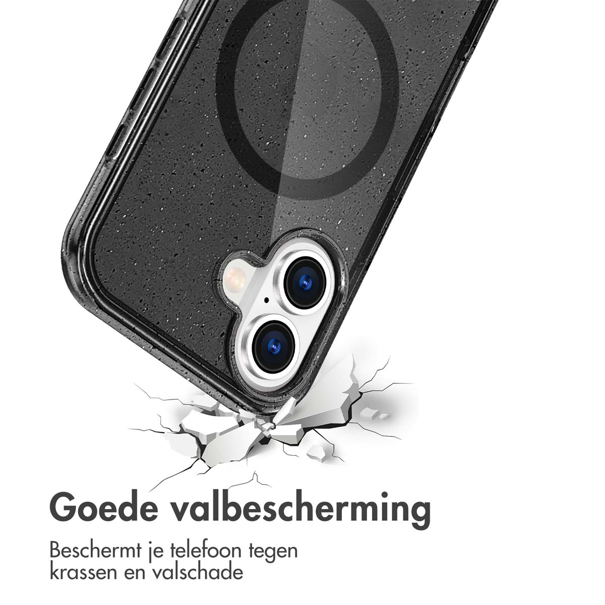 Telefoonhoesje met de telefoon erin, die valt en breekt. Beschermhoesje met goede valbescherming.