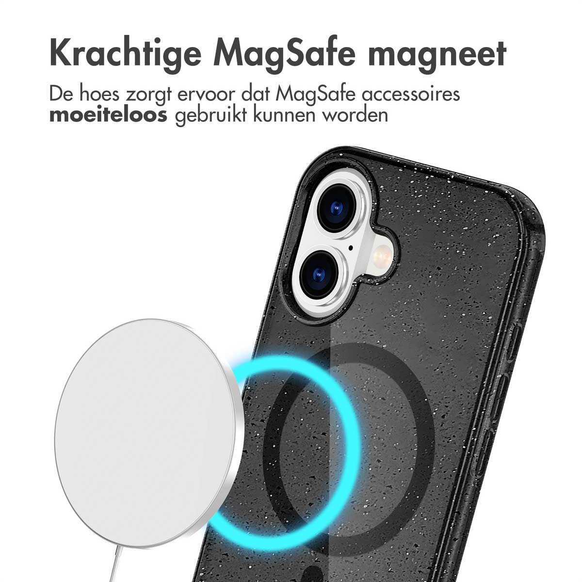 Zwarte telefoonhoes met MagSafe-oplader. De oplader is wit. De hoes heeft een gespikkeld patroon. De blauwe ring wordt getoond.
