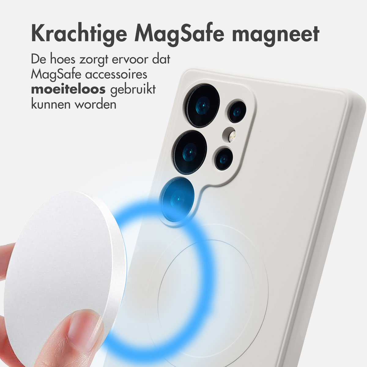 Witte telefoonhoes met telefoon. Tekst: Sterke MagSafe magneet. Hand houdt MagSafe accessoire vast.