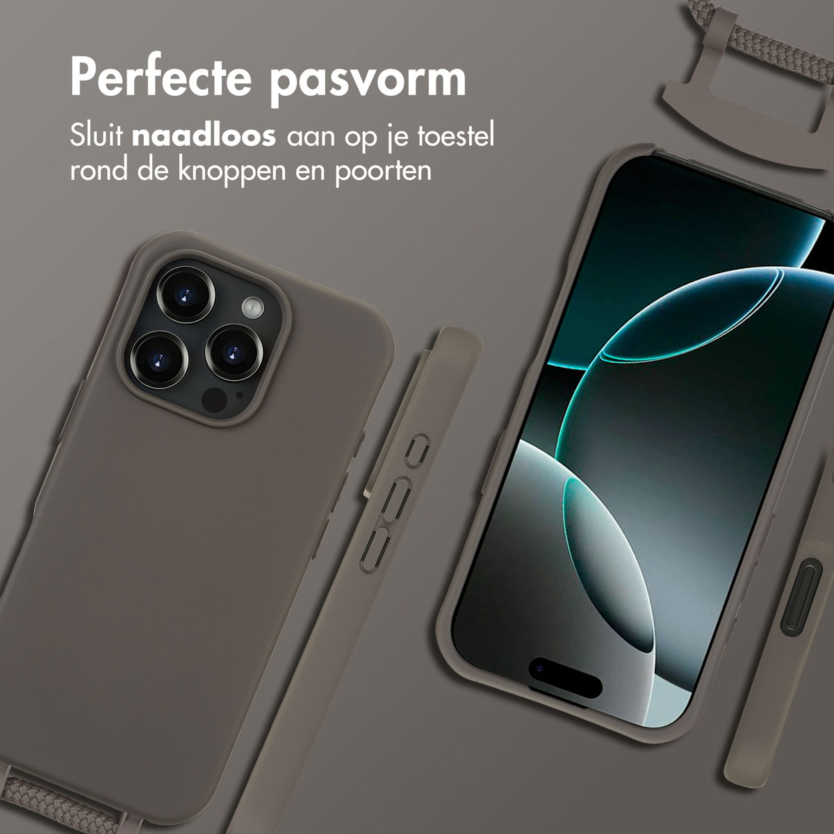 Telefoon in een grijze hoes, met een grijze riem. Tekst: 'Perfecte pasvorm' en 'past naadloos'.