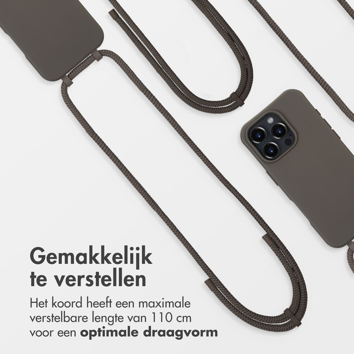 Bruine telefoonhoes met een bruin touw. Een telefoon met een zwart scherm en een bruine hoes.