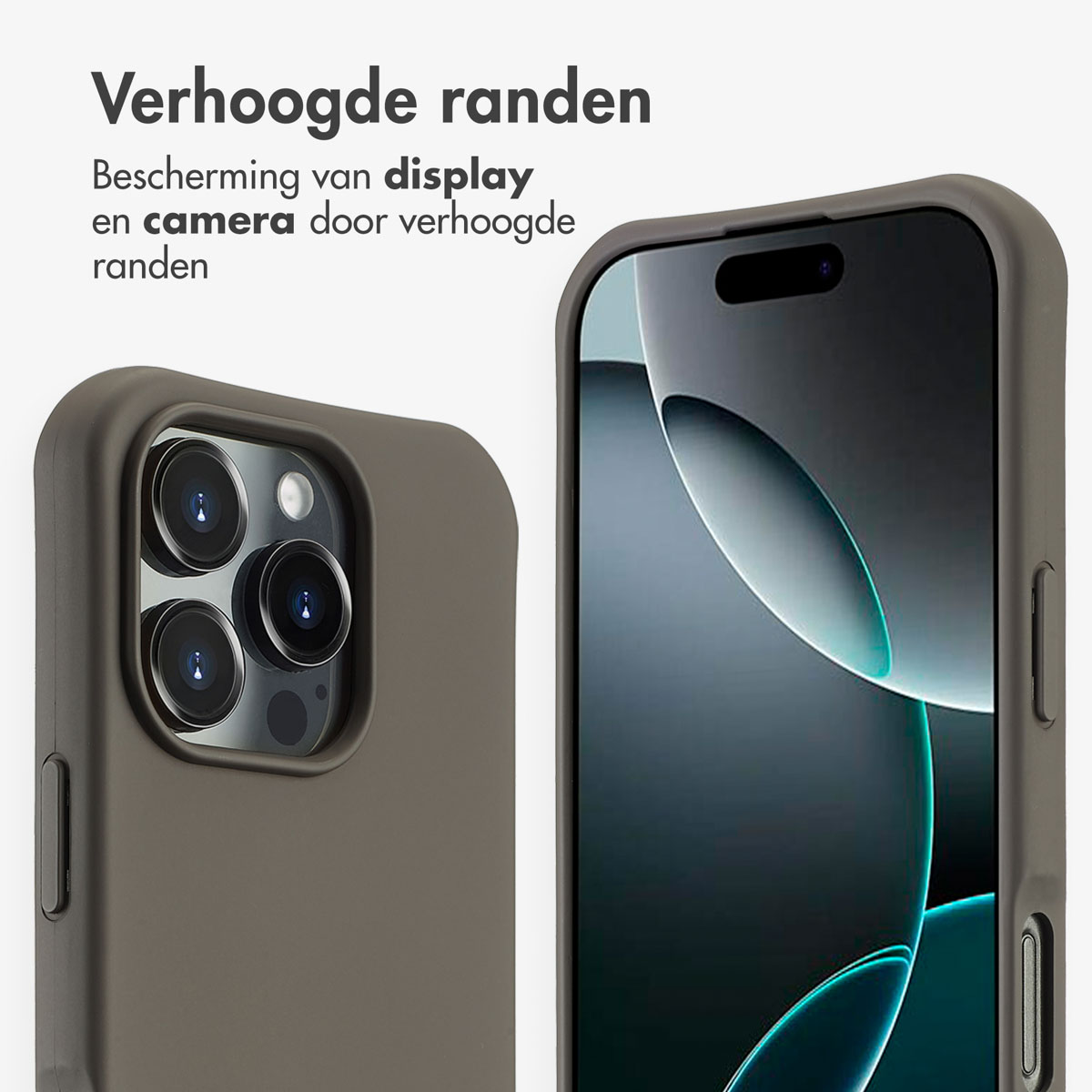 Close-up van een telefoonhoesje op een telefoon. De hoes is grijs en de telefoon heeft meerdere camera's.