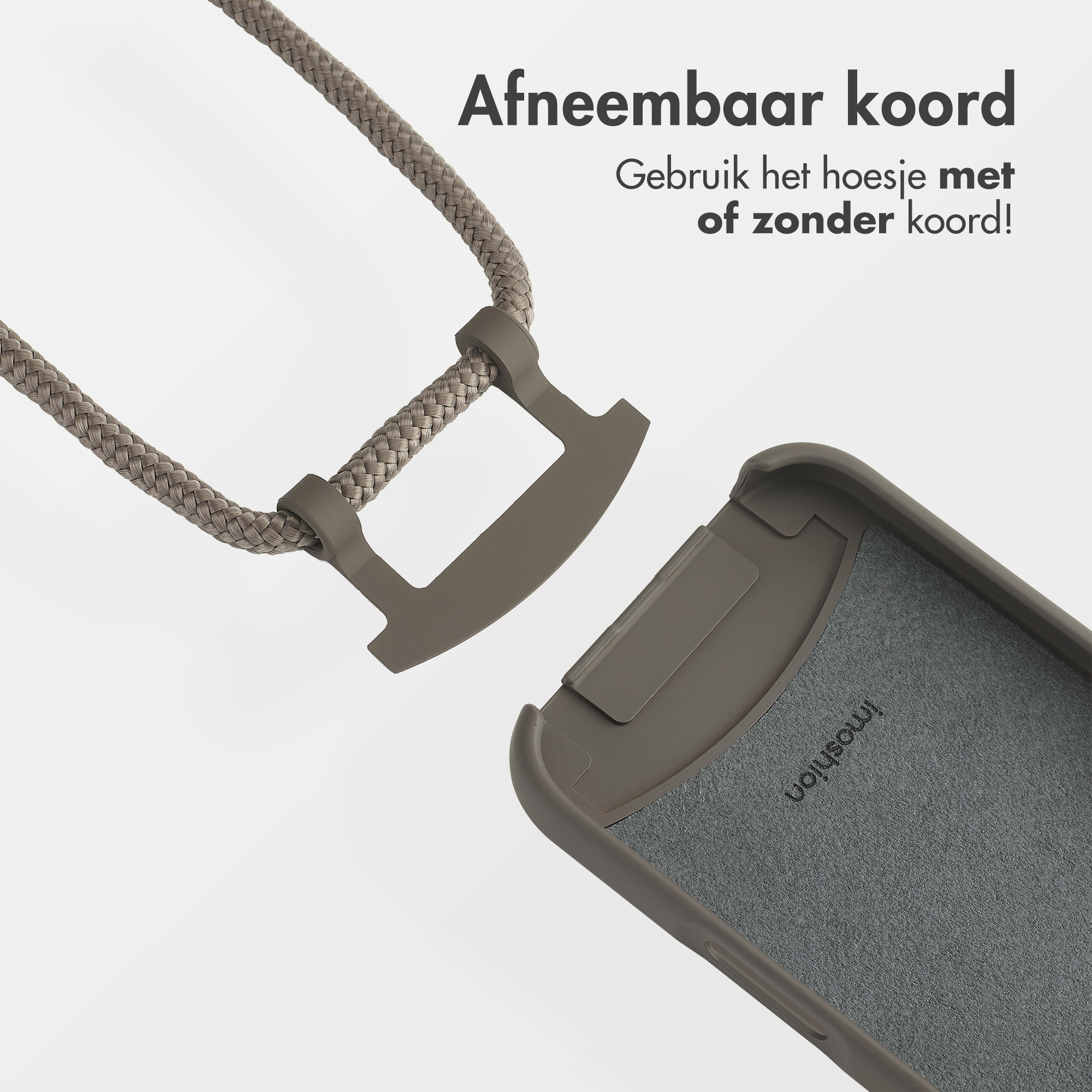Een telefoonhoesje met een losgemaakt koord. Het koord en de hoes zijn beide grijs.