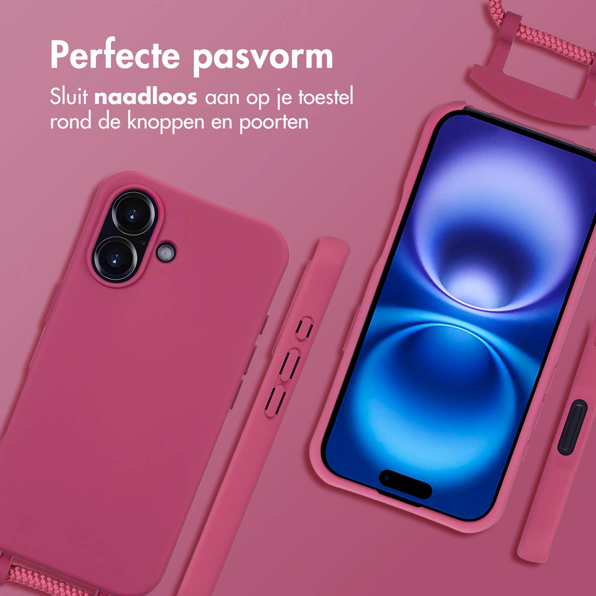 Coque de téléphone rose, téléphone et accessoires sur surface rose. Texte : 'Ajustement parfait'.