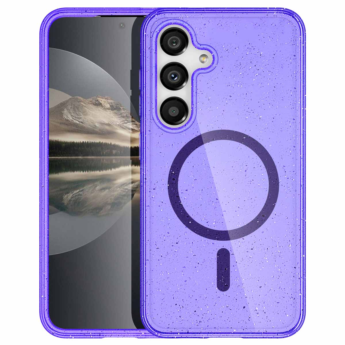 Paarse telefoonhoes met camera, magnetische cirkel en schermbeschermer.