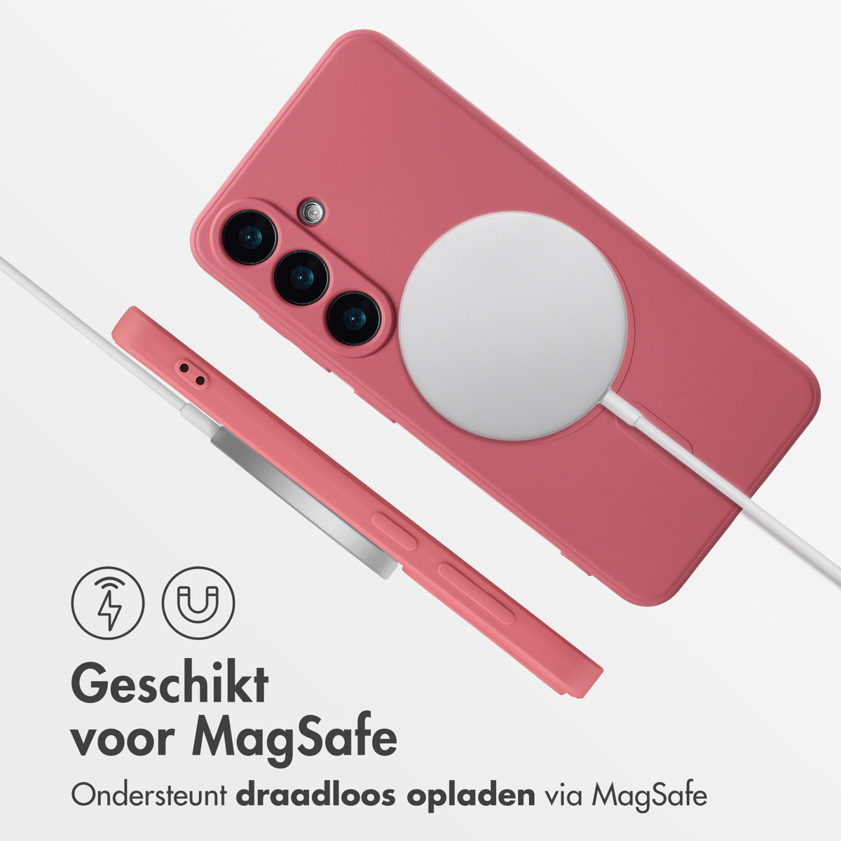 Roze telefoonhoesje met een witte MagSafe-oplader. Tekst zegt: 'Geschikt voor MagSafe'.