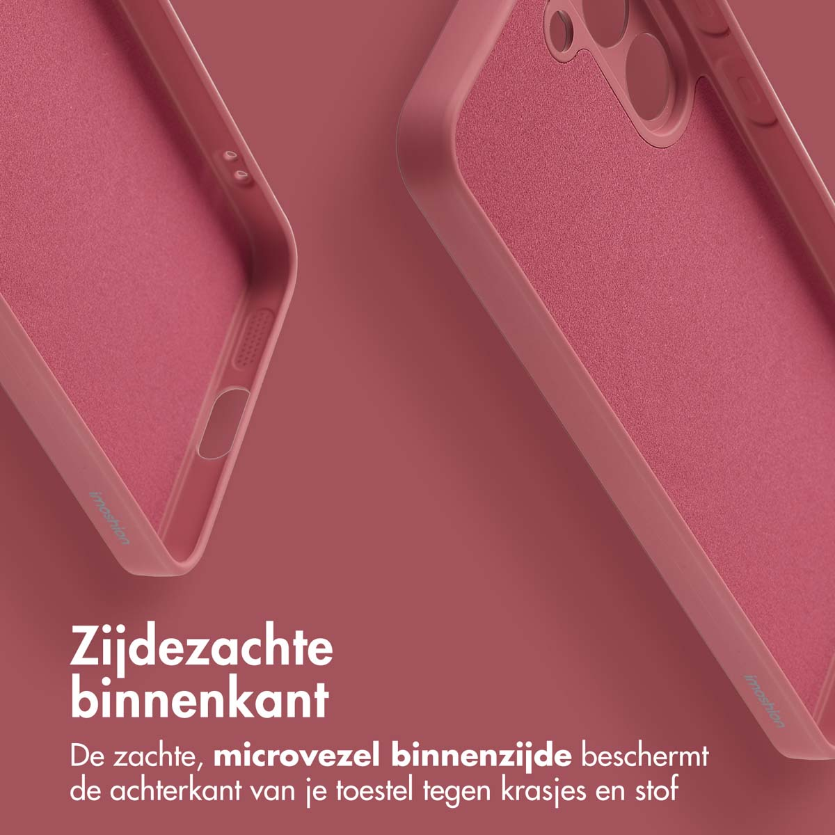 Roze telefoonhoesje binnenkant. Biedt zachte microvezel voering voor bescherming tegen krassen en stof.