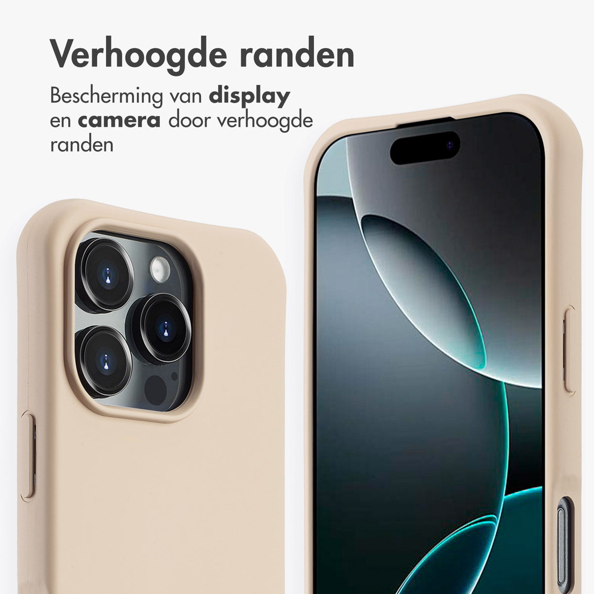 Twee telefoonhoesjes, een beige, die het telefoonscherm laten zien. De hoesjes hebben opstaande randen om het scherm te beschermen.