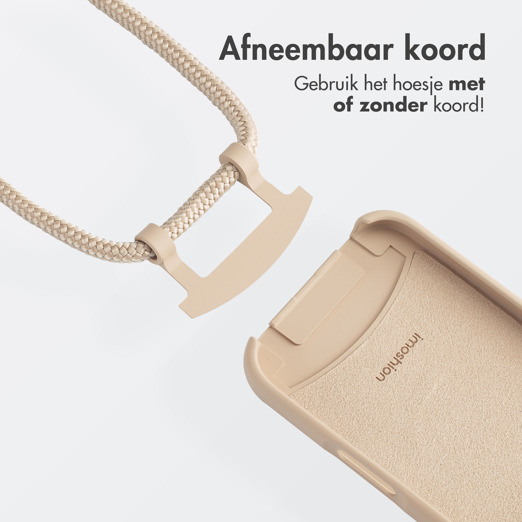 Telefoonhoesje met een afneembaar koord, waarbij het koord en de case met een haak worden getoond.
