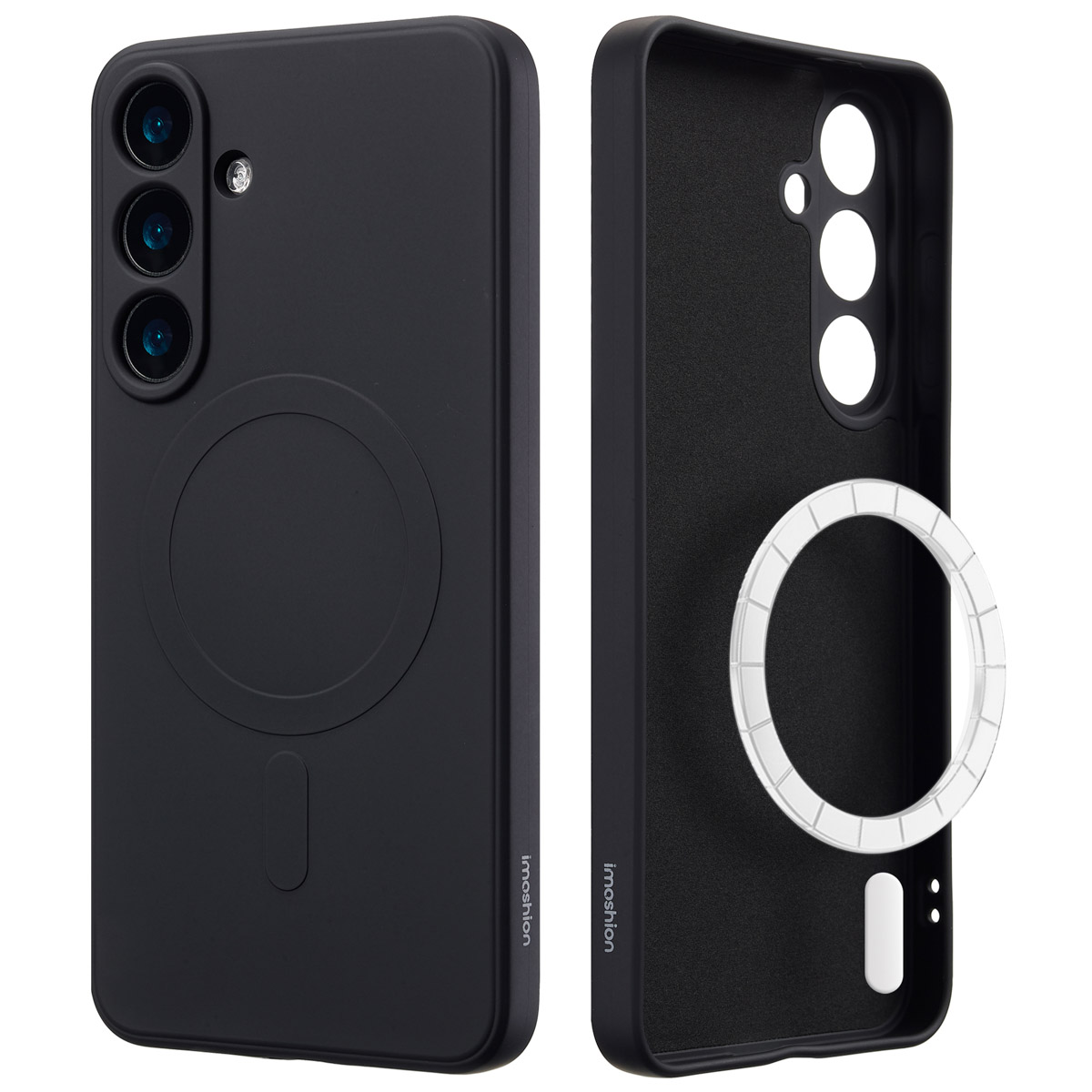 Zwarte telefoonhoesjes binnen en buiten. Drie cameralenzen. Een MagSafe ring is zichtbaar.