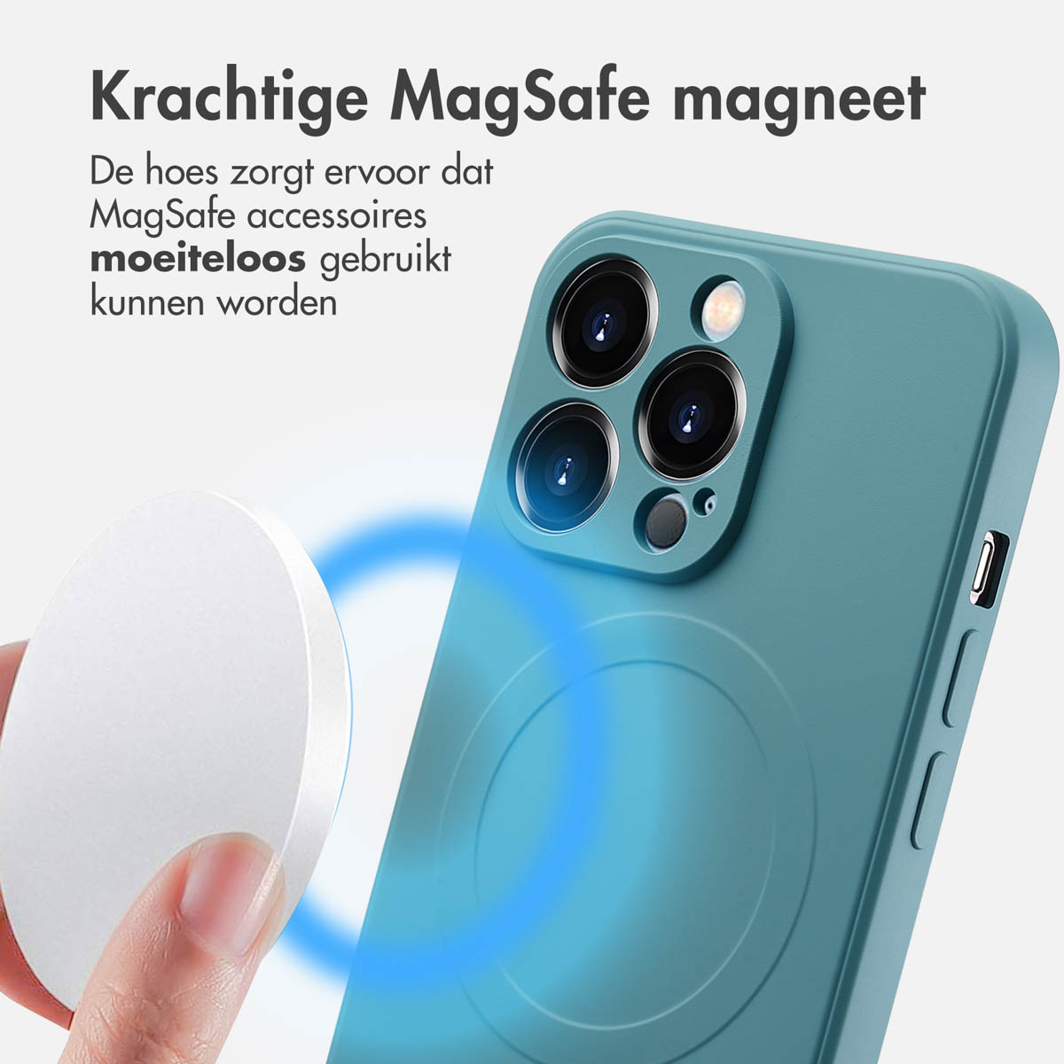 Een blauwe telefoonhoes met een witte MagSafe-oplader bevestigd. Een blauwe gloed omringt de oplader.