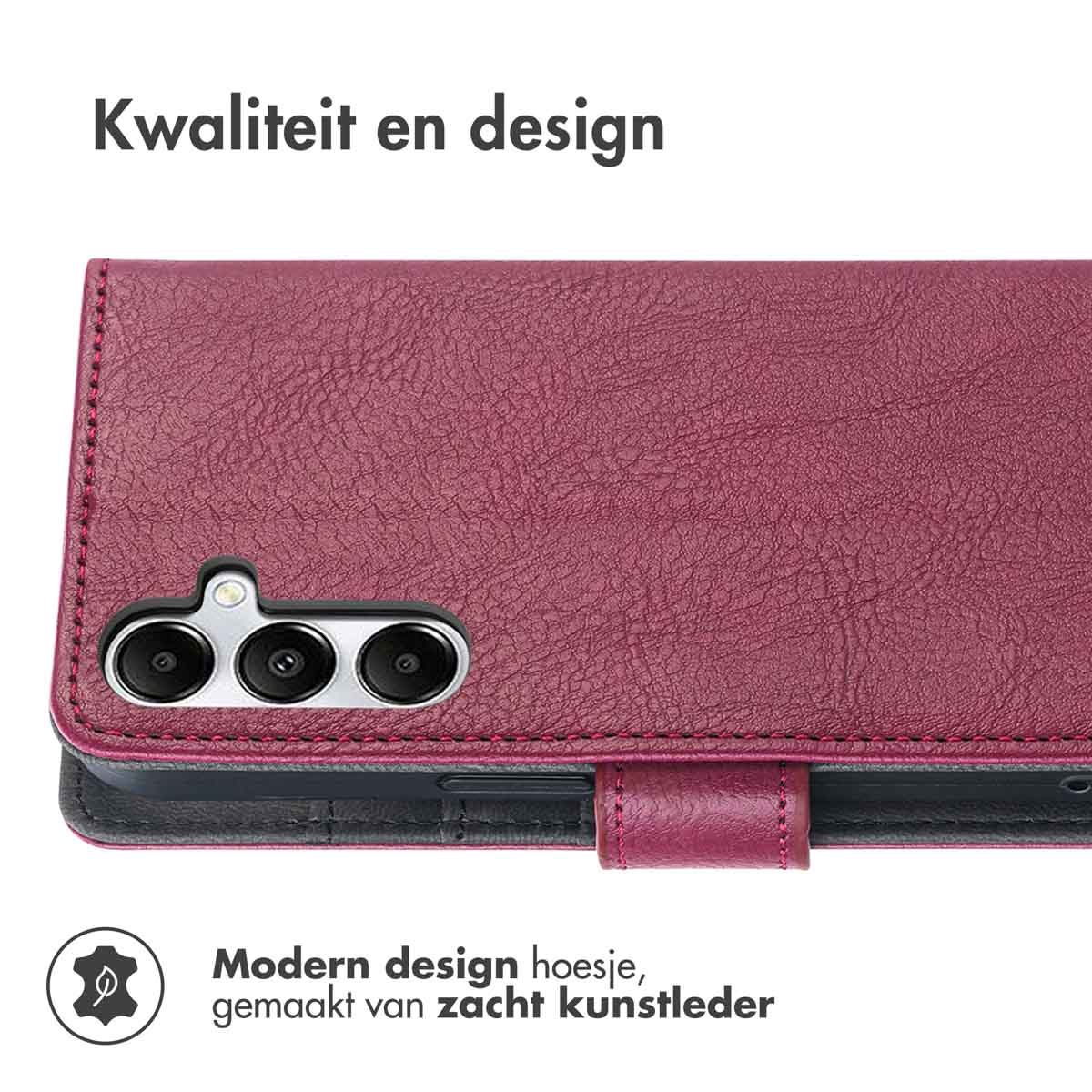 Nahaufnahme einer offenen, weinroten Handyhülle, die ein Telefon zeigt. Text oben: 'Qualität und Design'.