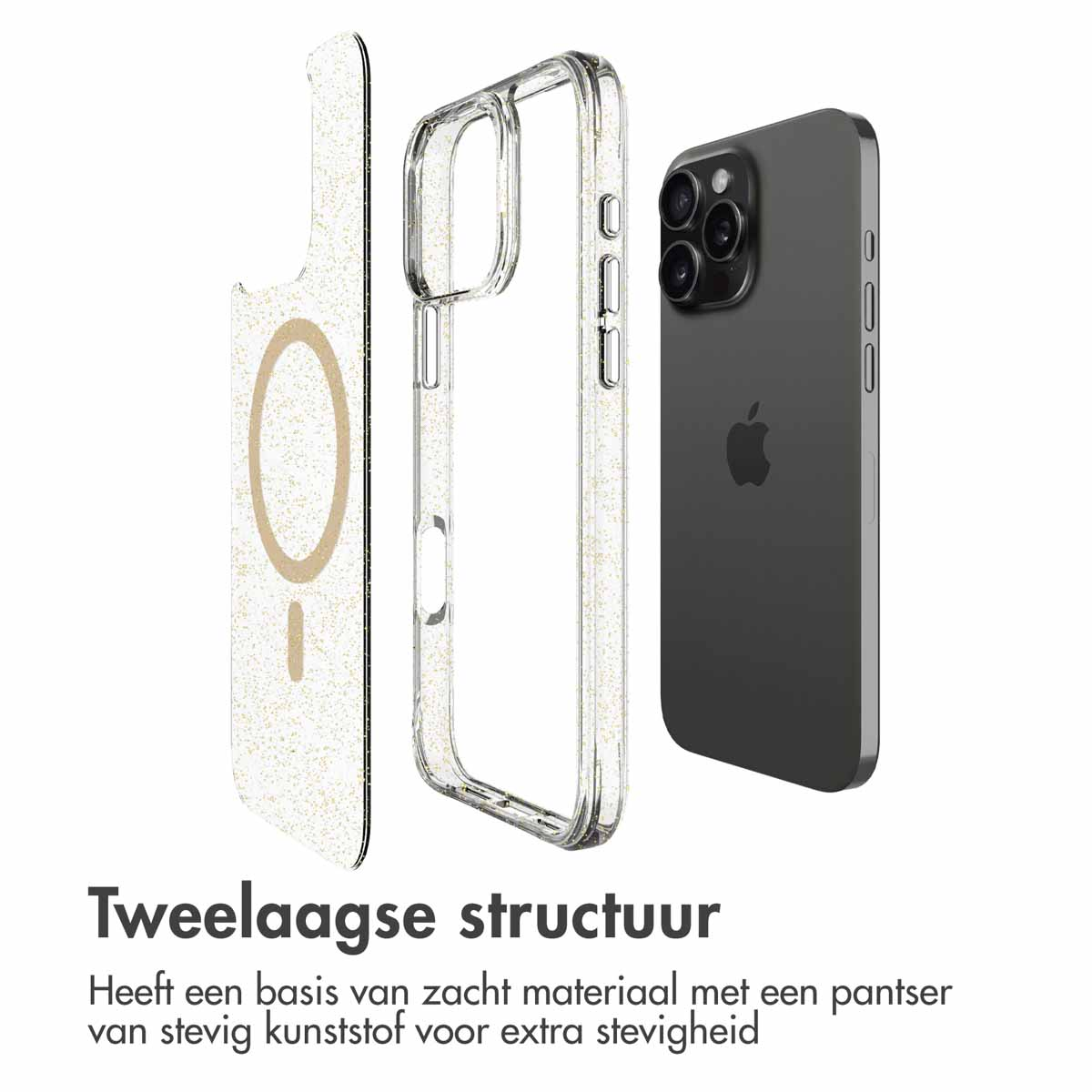 Telefoonhoesje met aparte lagen. Eén is bruin met een cirkel, de andere is transparant en de telefoon is zwart.