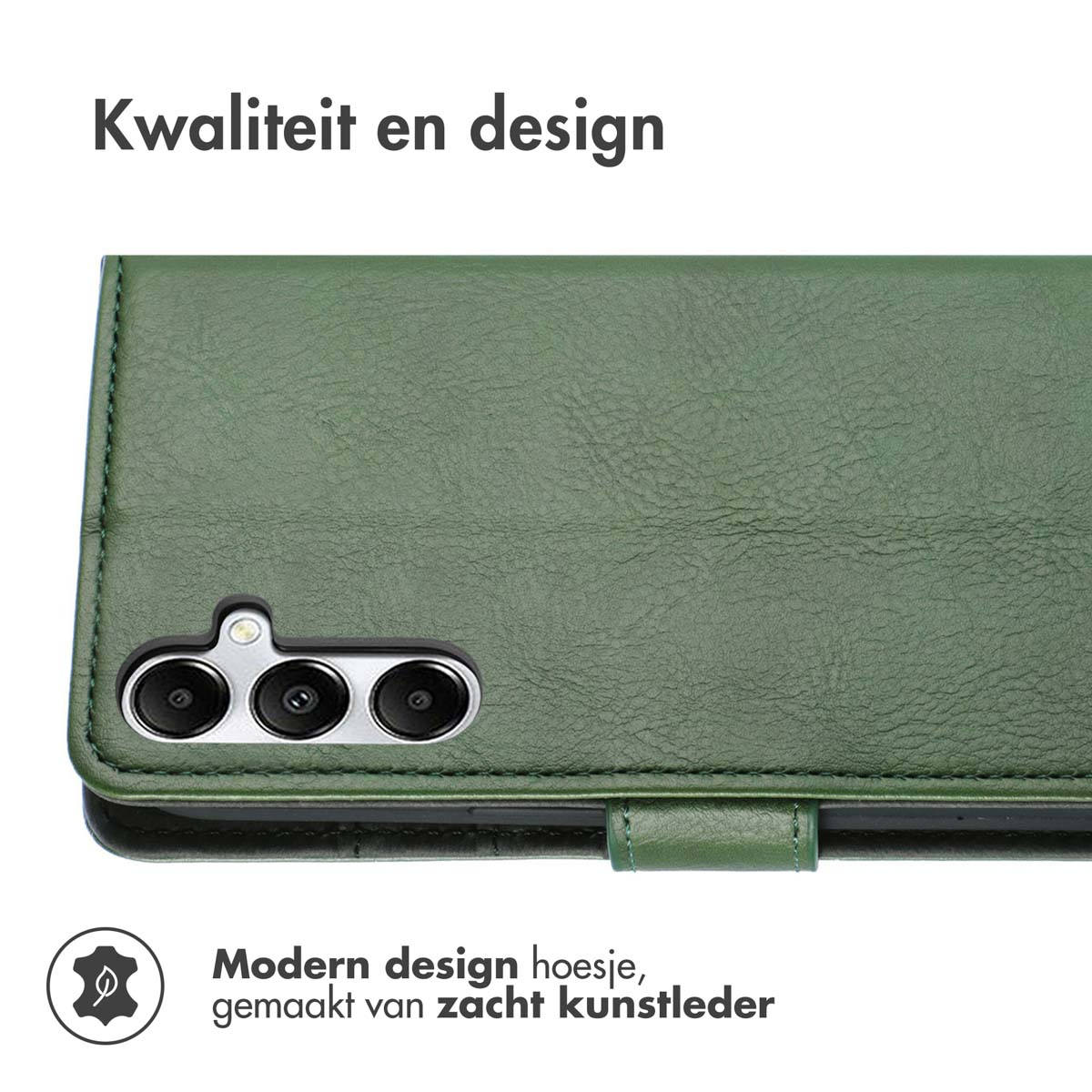 Eine grüne Handyhülle. Text: Qualität und Design. Modernes Design aus Kunstleder.