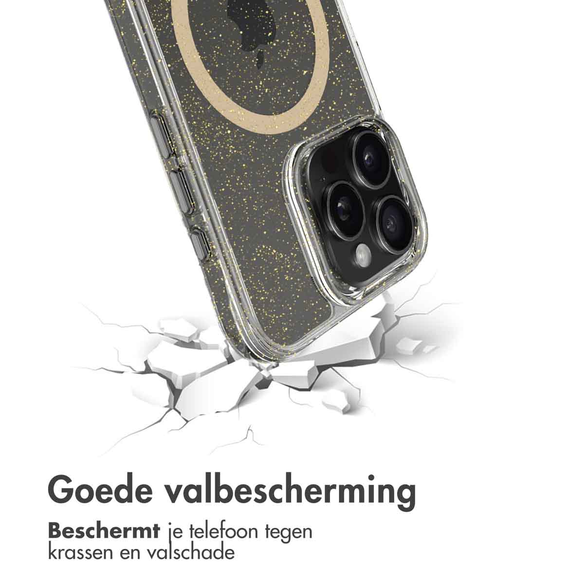 Een telefoon in een sprankelende hoes, gebarsten oppervlak eronder. Tekst: Goede valbescherming.