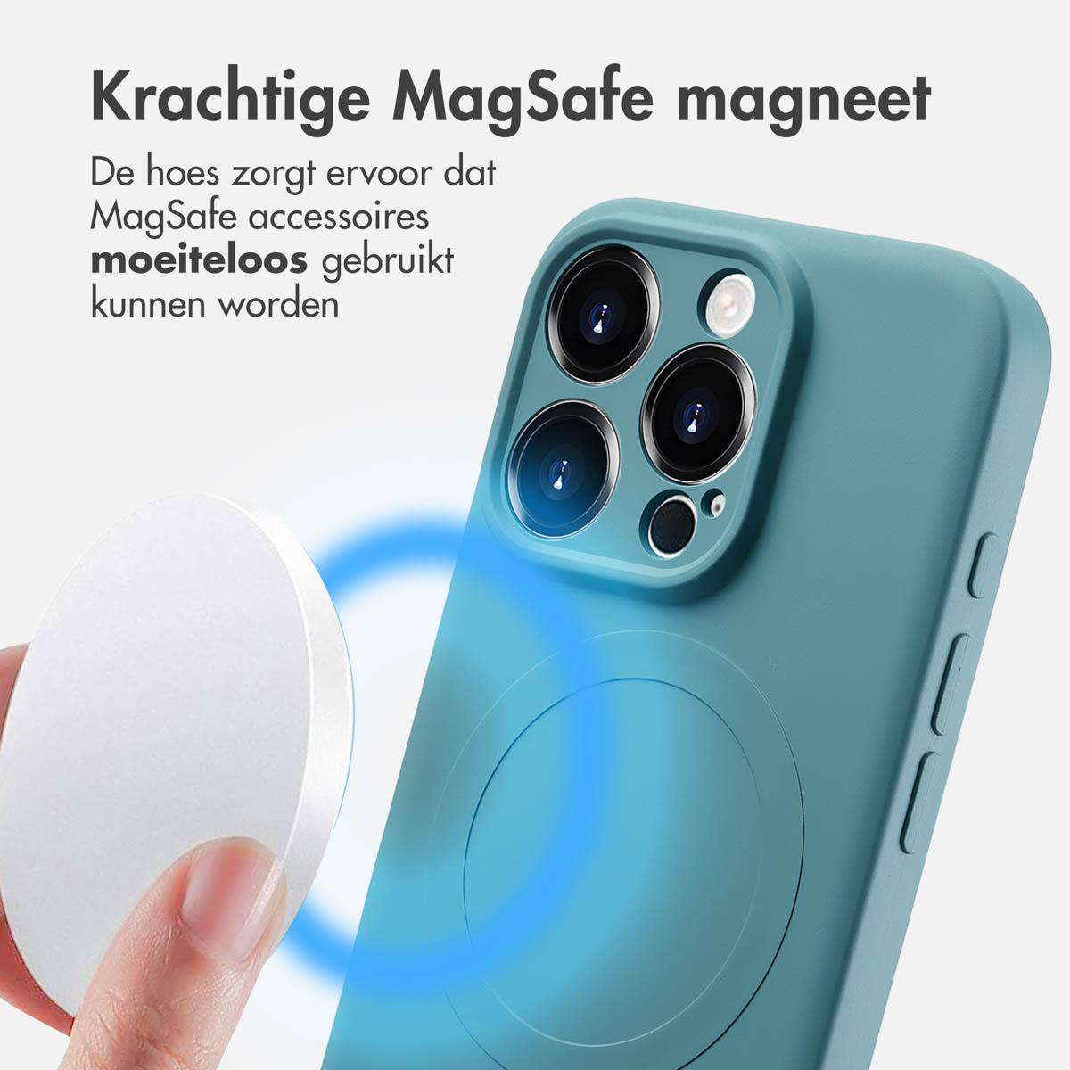 Teal telefoonhoes met witte cirkelvormige oplader. Blauwe magnetische veldlijnen zijn zichtbaar.