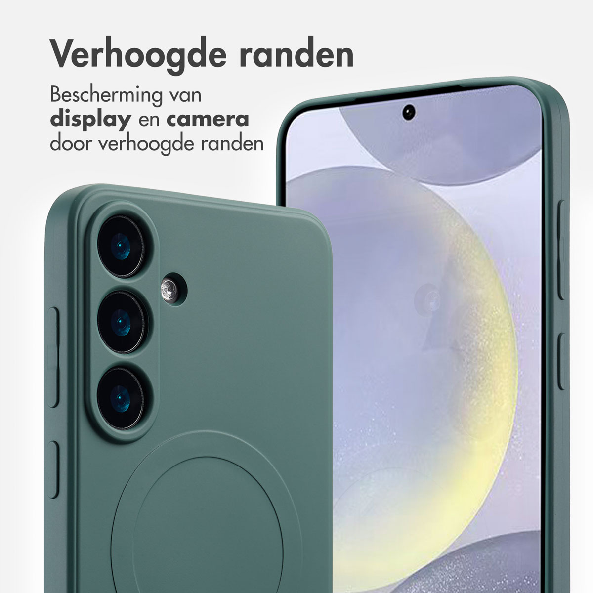 Groen telefoonhoesje en telefoon met scherm. Verhoogde randen, duidelijke MagSafe cirkel op hoesje.
