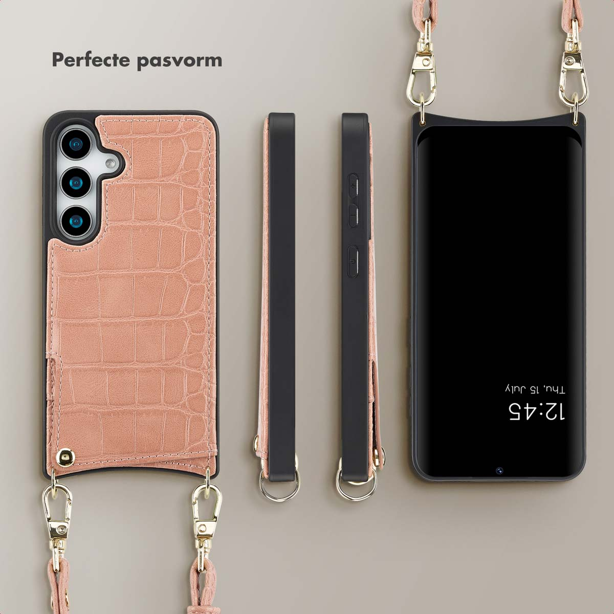 SELENCIA Nova Croco Backcover met koord en pashouder - Geschikt voor Samsung Galaxy S25 - Telefoonhoesje voor Samsung Samsung Galaxy S25 Roze