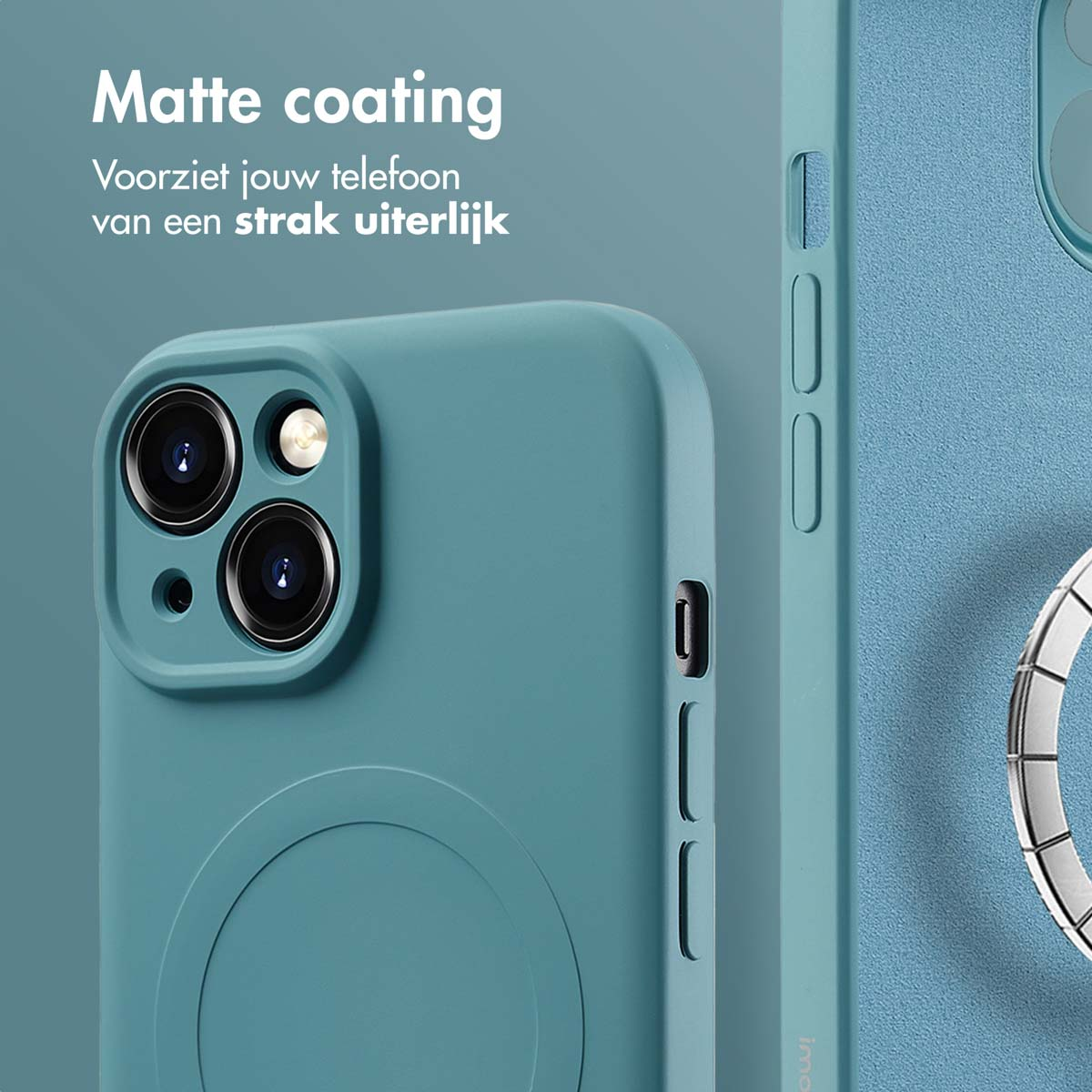 Teal phone case with a teal phone. Close up.