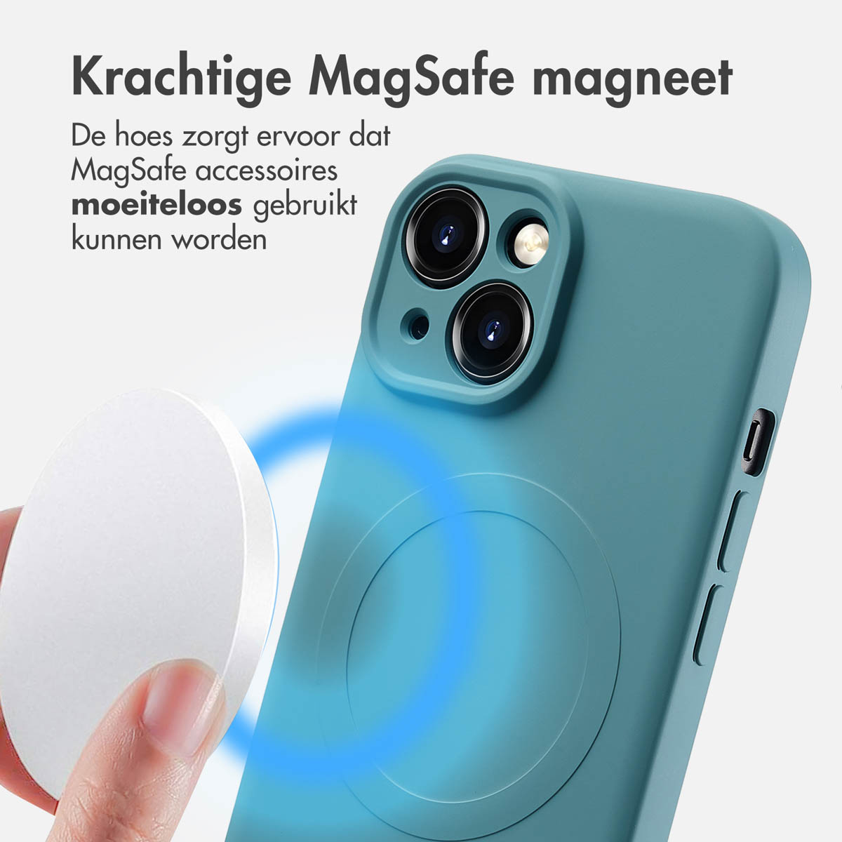 A turquoise phone case with a white MagSafe charger. Blue light emanates from the phone.