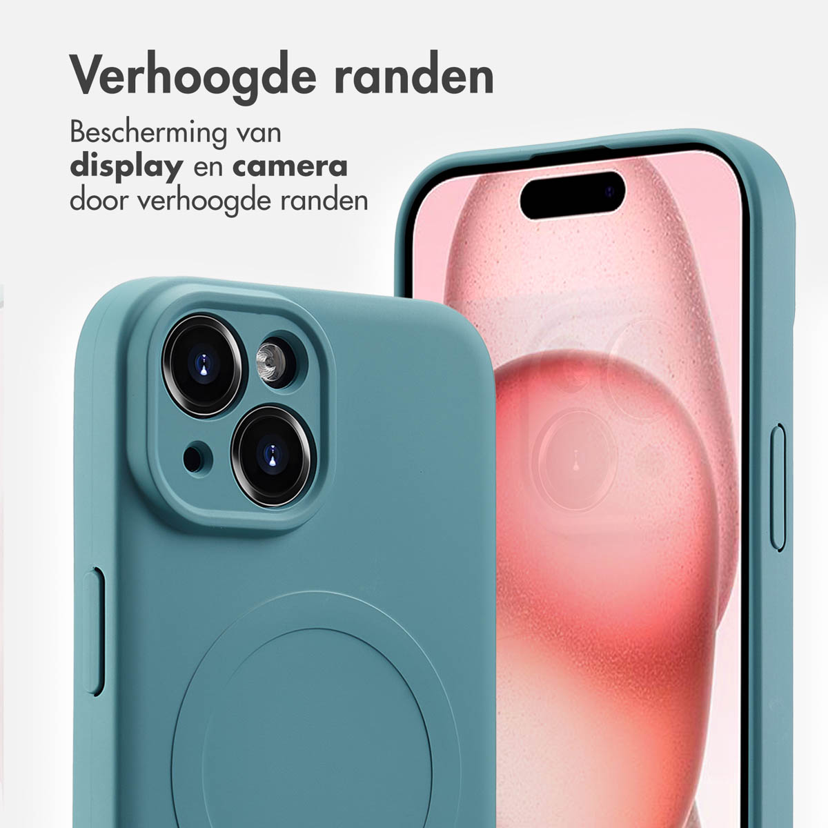 Blue phone case and phone with a screen. Raised edges, clear MagSafe circle on the case.