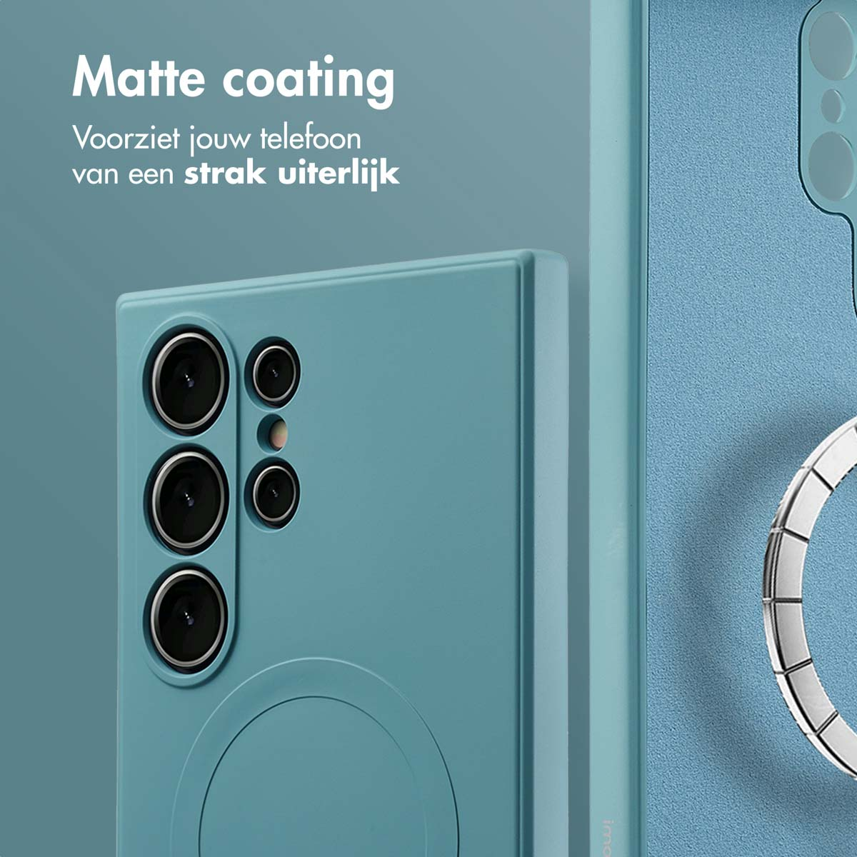 Een blauwe telefoonhoes. De telefoon heeft drie cameralenzen. Tekst: 'Matte coating'.