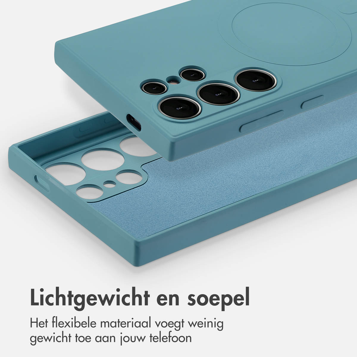 Blauw telefoonhoesje met MagSafe ring, toont de binnen- en buitenkant van de case.