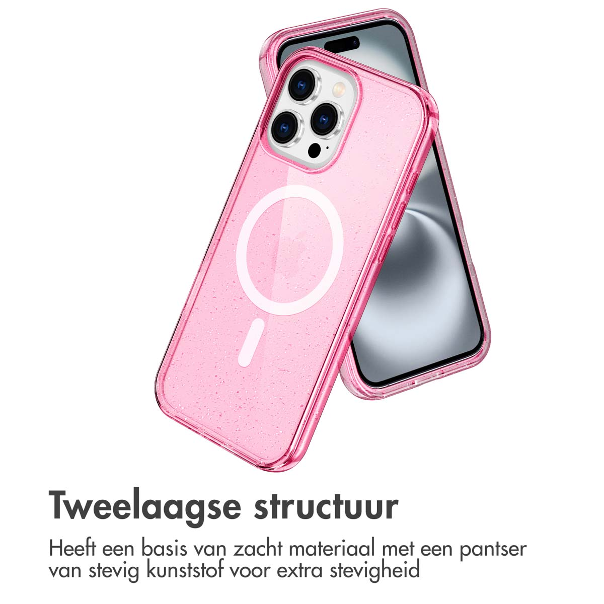 Coque de téléphone rose avec cercle blanc, sol fissuré en dessous. Texte : Antichoc.