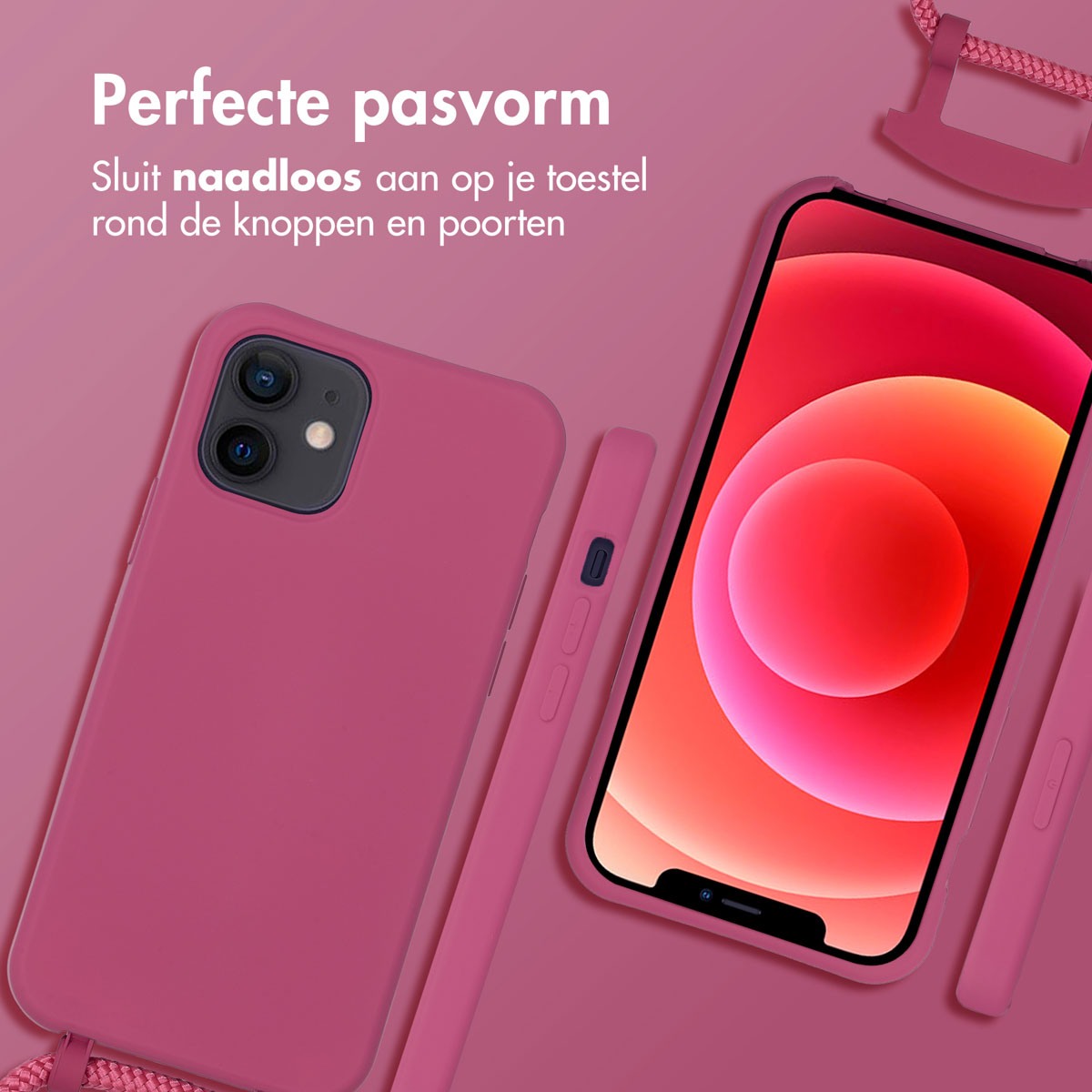 Drie roze telefoonhoesjes en telefoons. Eén staat scherp. Een roze koord is aan de hoes bevestigd.