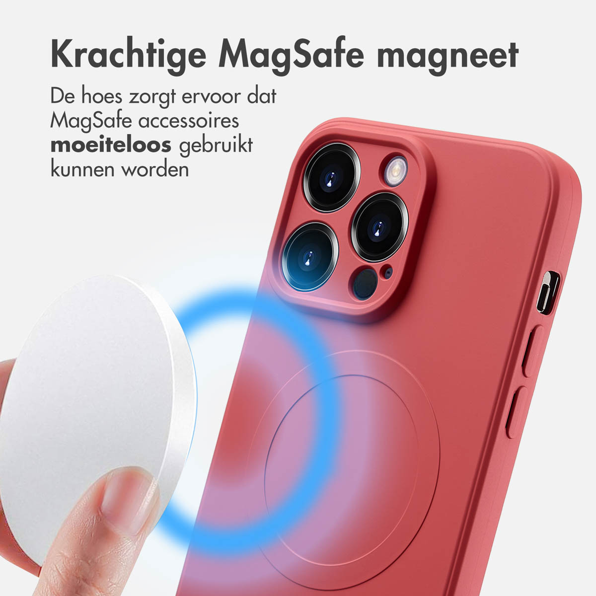 Een rode telefoonhoes met een witte MagSafe-oplader bevestigd. Een blauwe gloed omringt de oplader.