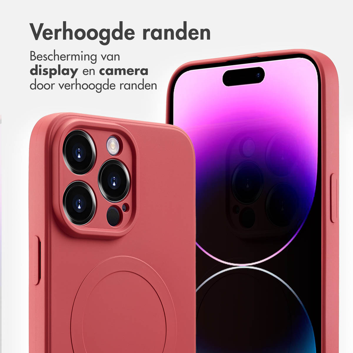 Twee rode telefoonhoesjes met verhoogde randen. De telefoon rechts is zichtbaar.