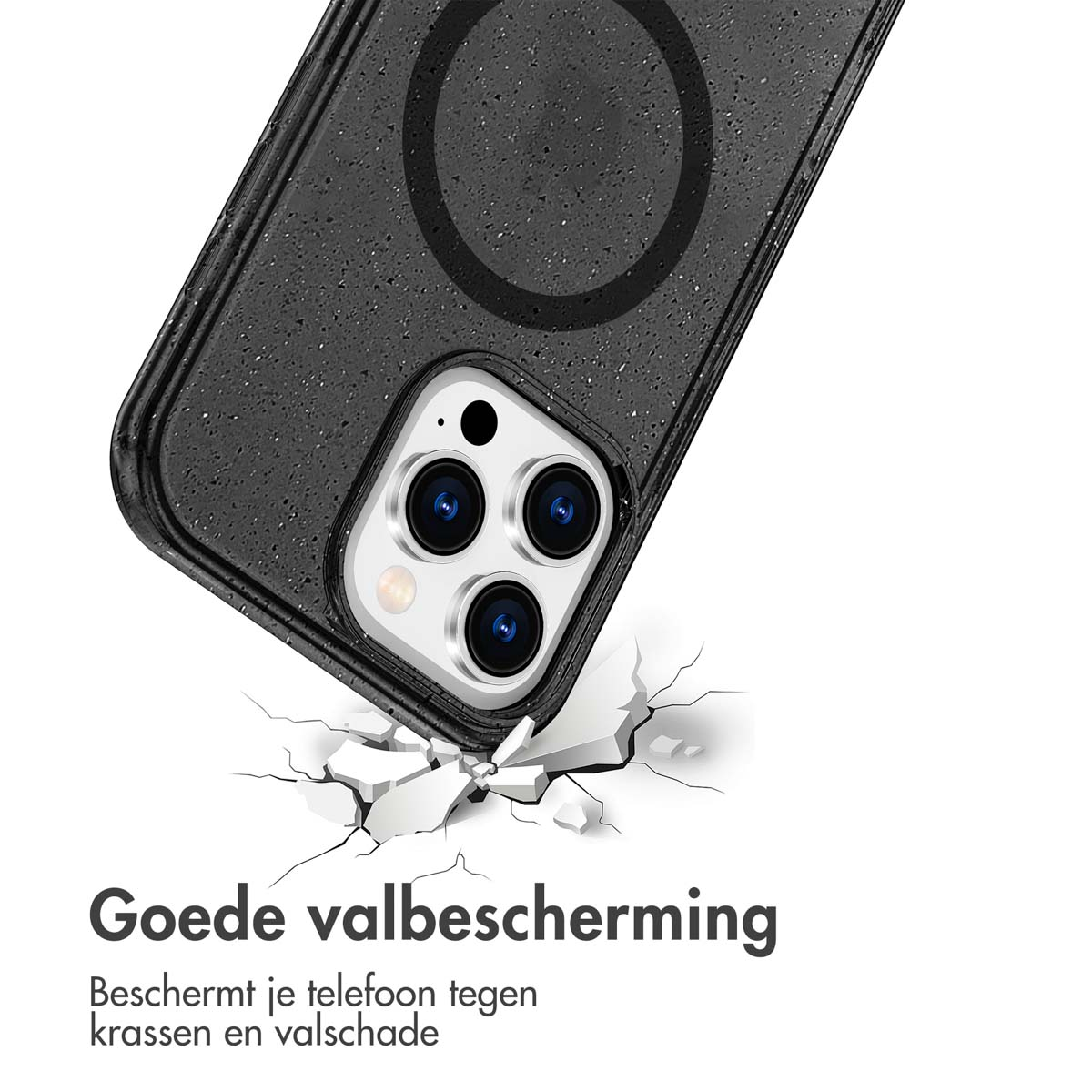 Een zwarte telefoonhoes naast versplinterd glas. De tekst zegt 'Goede valbescherming'.