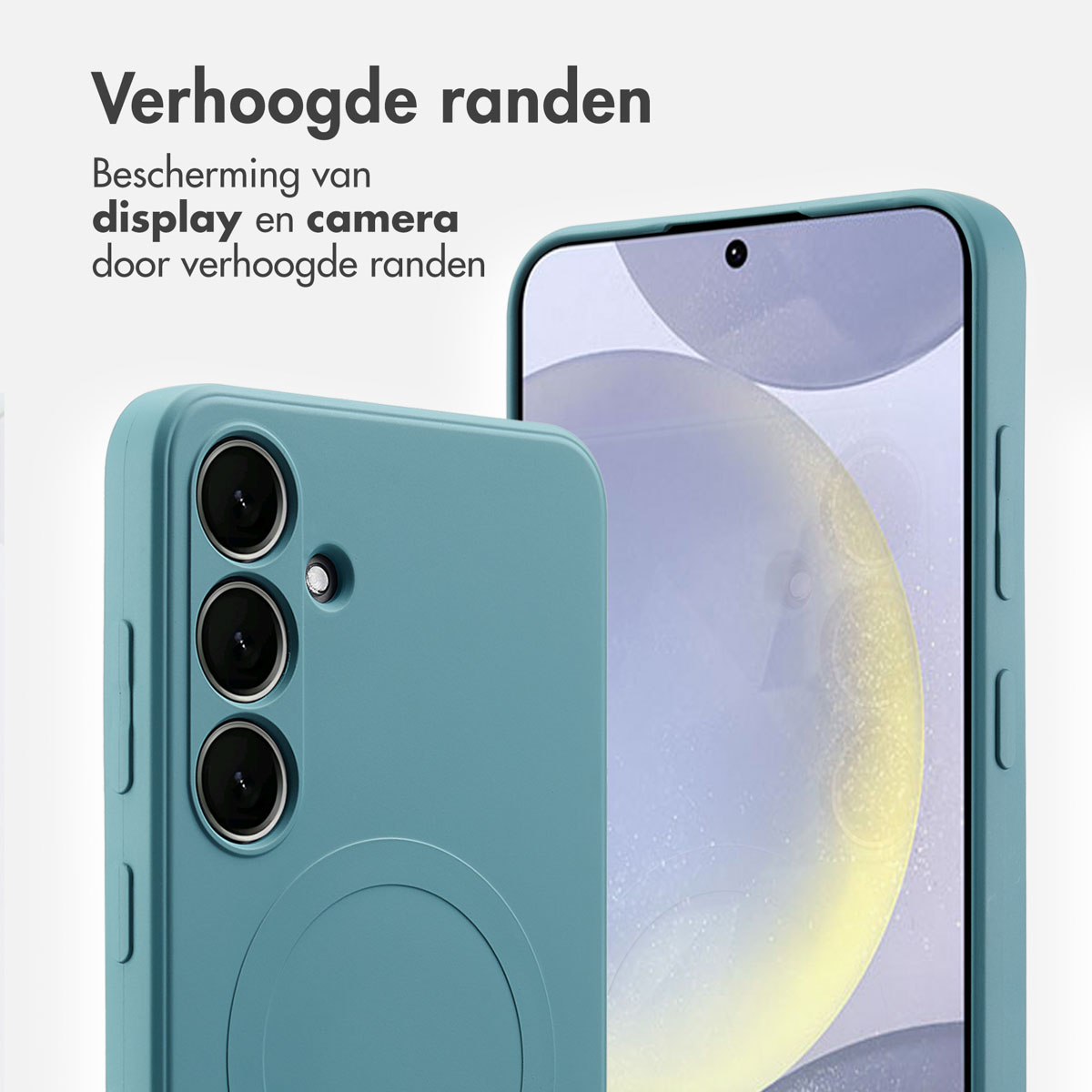 Close-up van een blauwgroene telefoonhoes met een telefoon erin. Toont verhoogde randen voor scherm- en camerabescherming.
