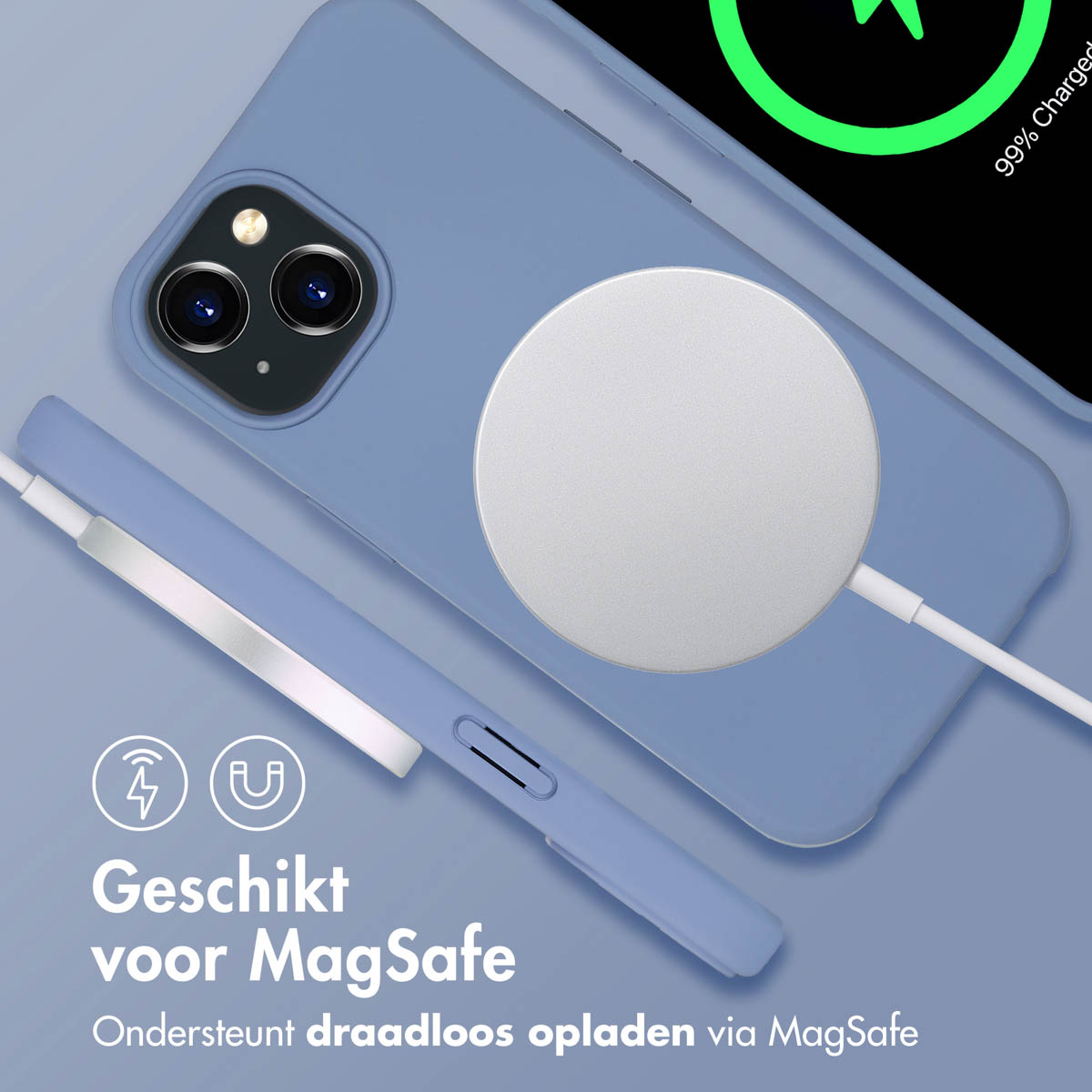Blaue Handyhülle, weißes kabelloses Ladegerät, weißes Kabel. Unterstützt MagSafe.