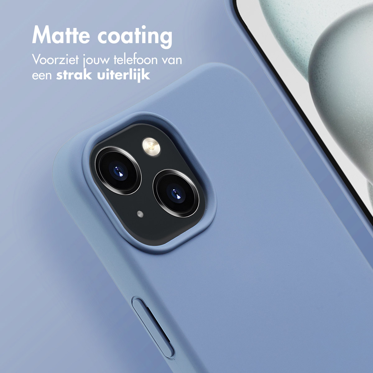 Blaue Handyhülle Nahaufnahme mit Telefon. Text: Matte Beschichtung.
