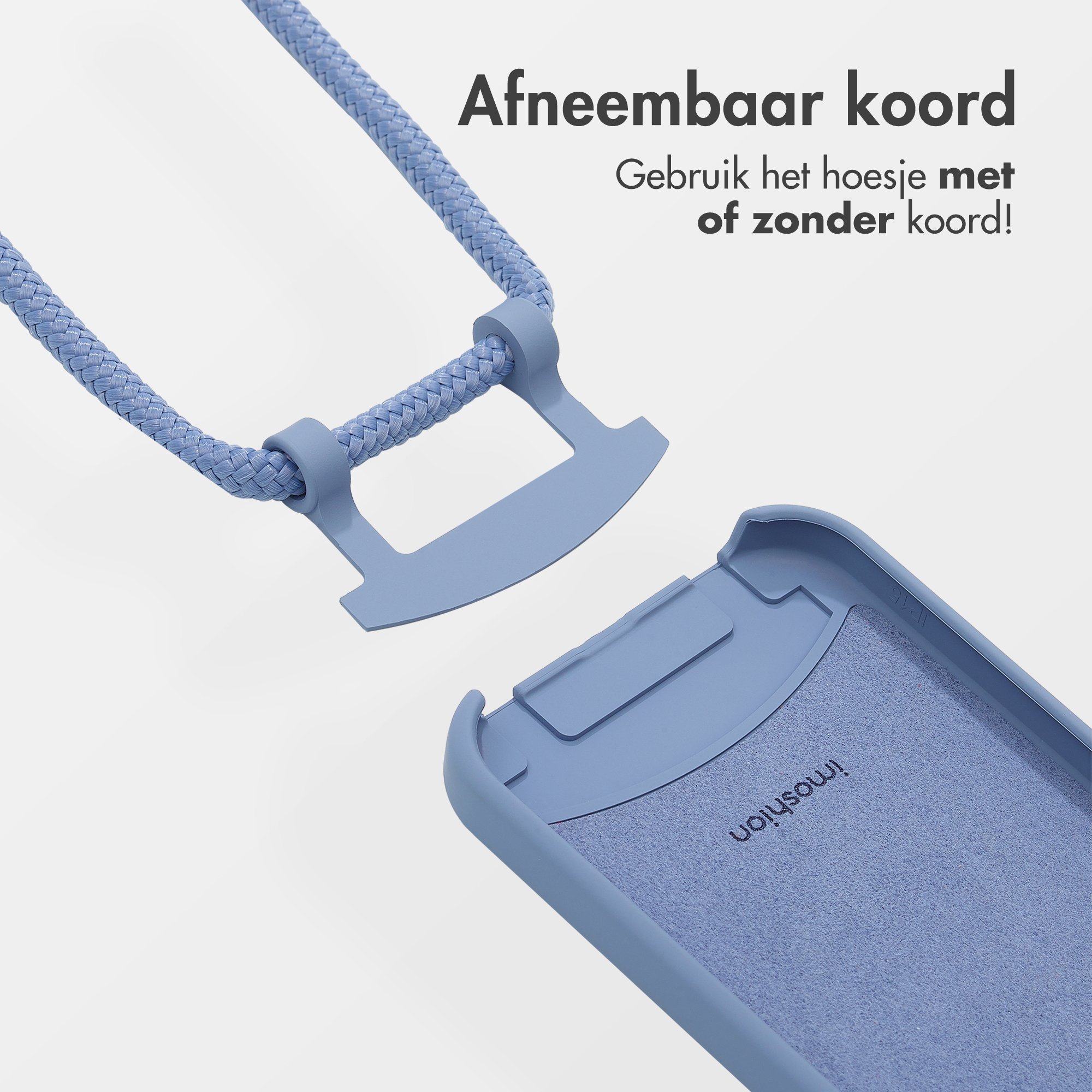 Blaues Lanyard mit Handyhülle, auseinandergebaut. Fokus auf Lanyard und Hüllendetails.