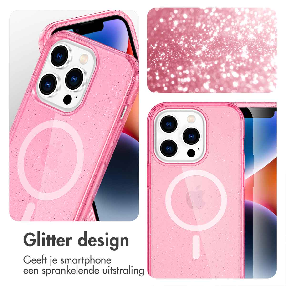 Coque de téléphone rose scintillante, avec un téléphone à l'intérieur. Texte : Design pailleté. Donne à votre smartphone un look étincelant.