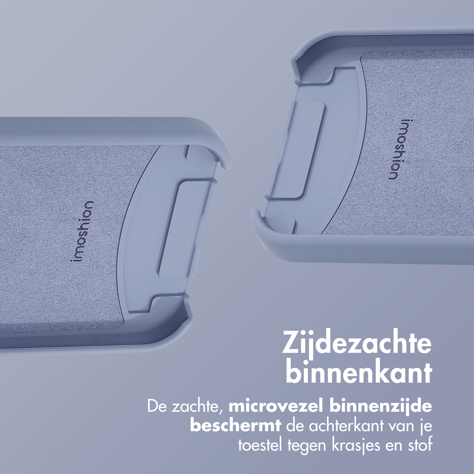 Zwei hellblaue Handycase-Teile. Innen hat es eine weiche, graue, stoffartige Textur. Text auf der linken Seite.