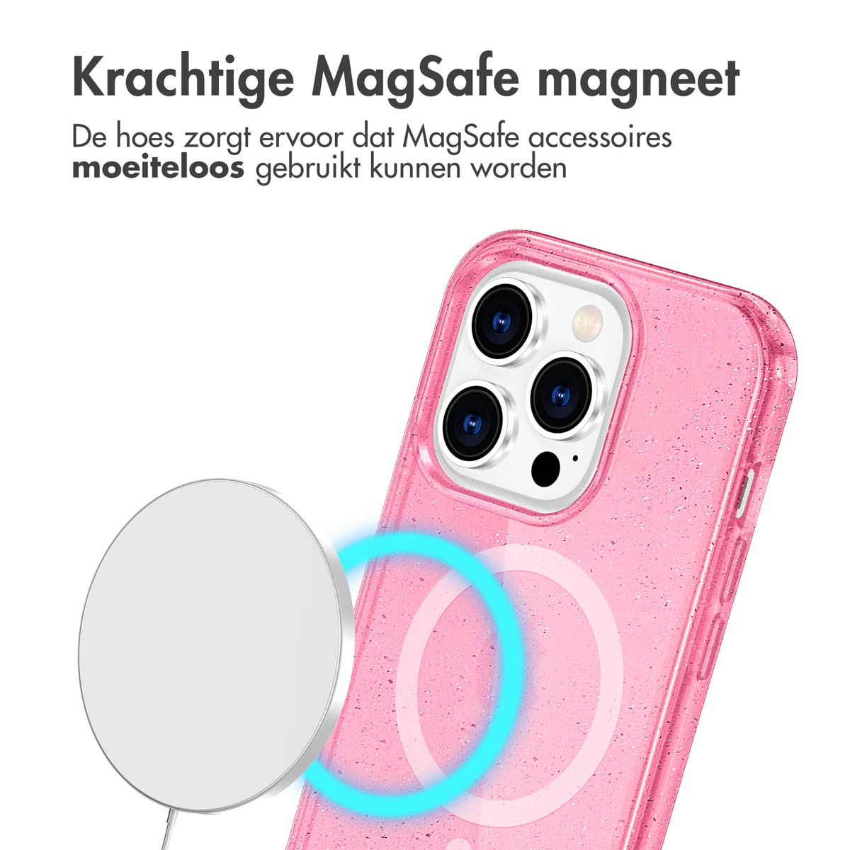 Un étui de téléphone rose avec un aimant MagSafe. Un chargeur circulaire blanc est à proximité. Un cercle bleu met en évidence l'aimant.