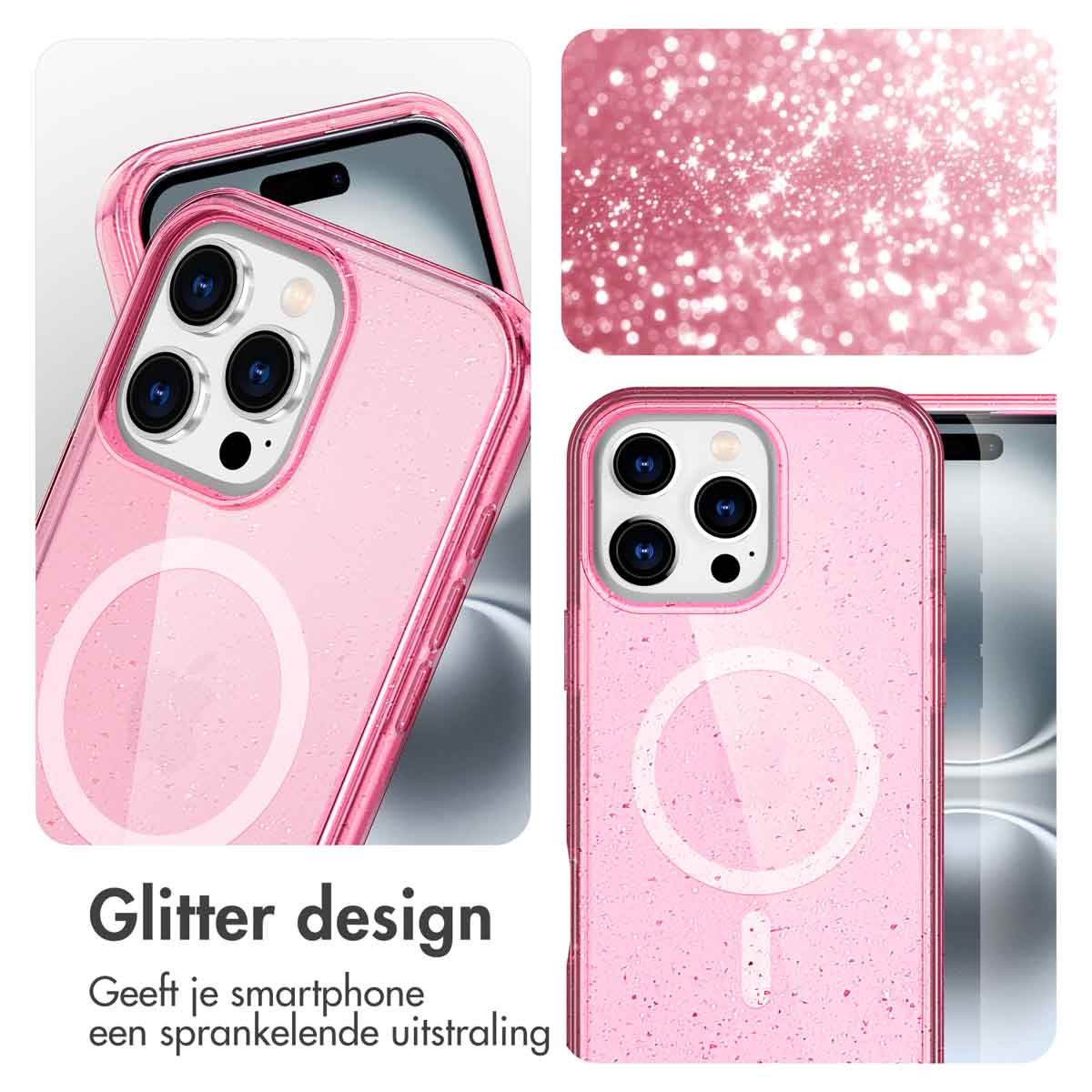 Roze glitter telefoonhoesje op telefoon. Tweede afbeelding toont glitter close-up. Tekst 'Glitter design'.