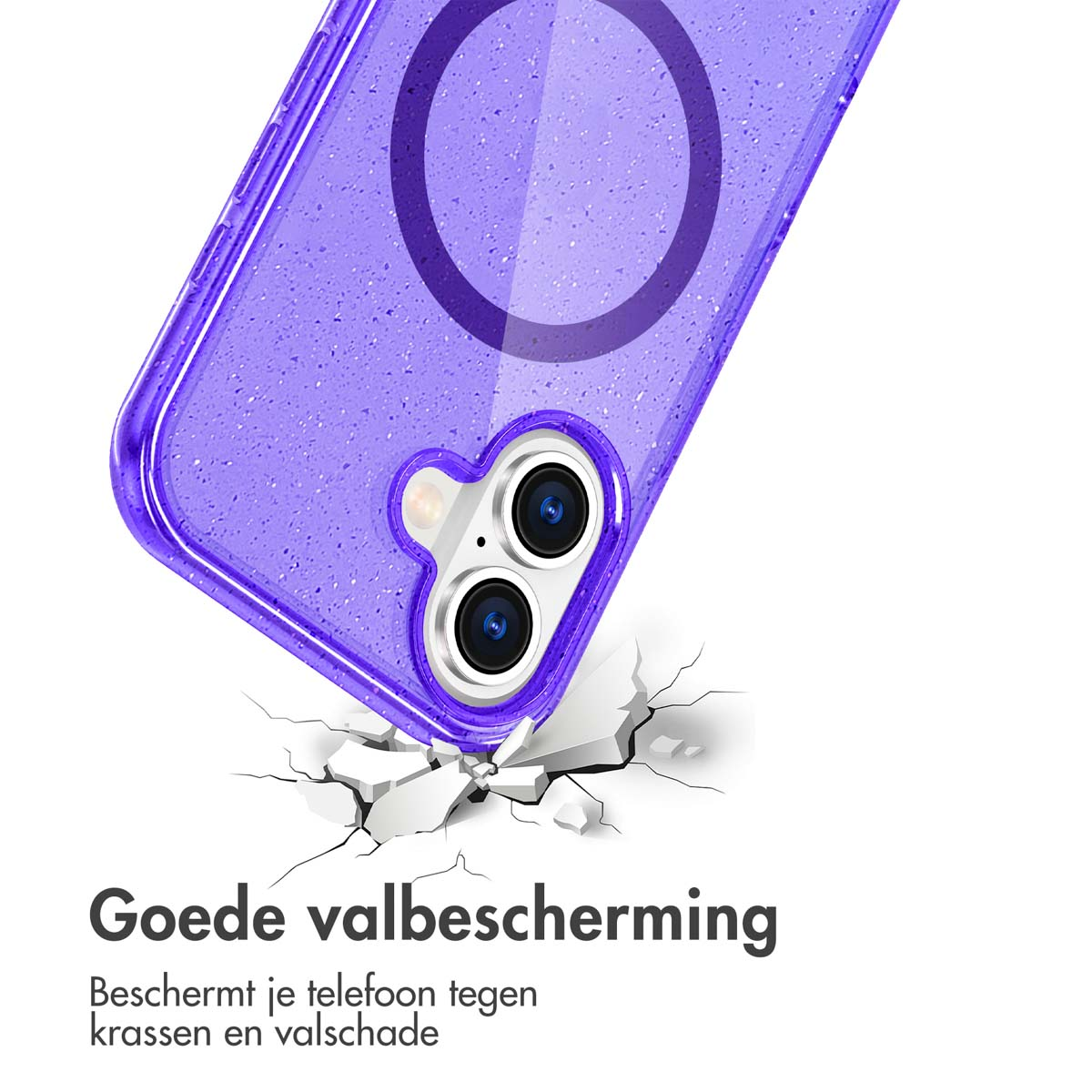 Coque de téléphone violette avec paillettes, montrant une bonne protection contre les chutes.